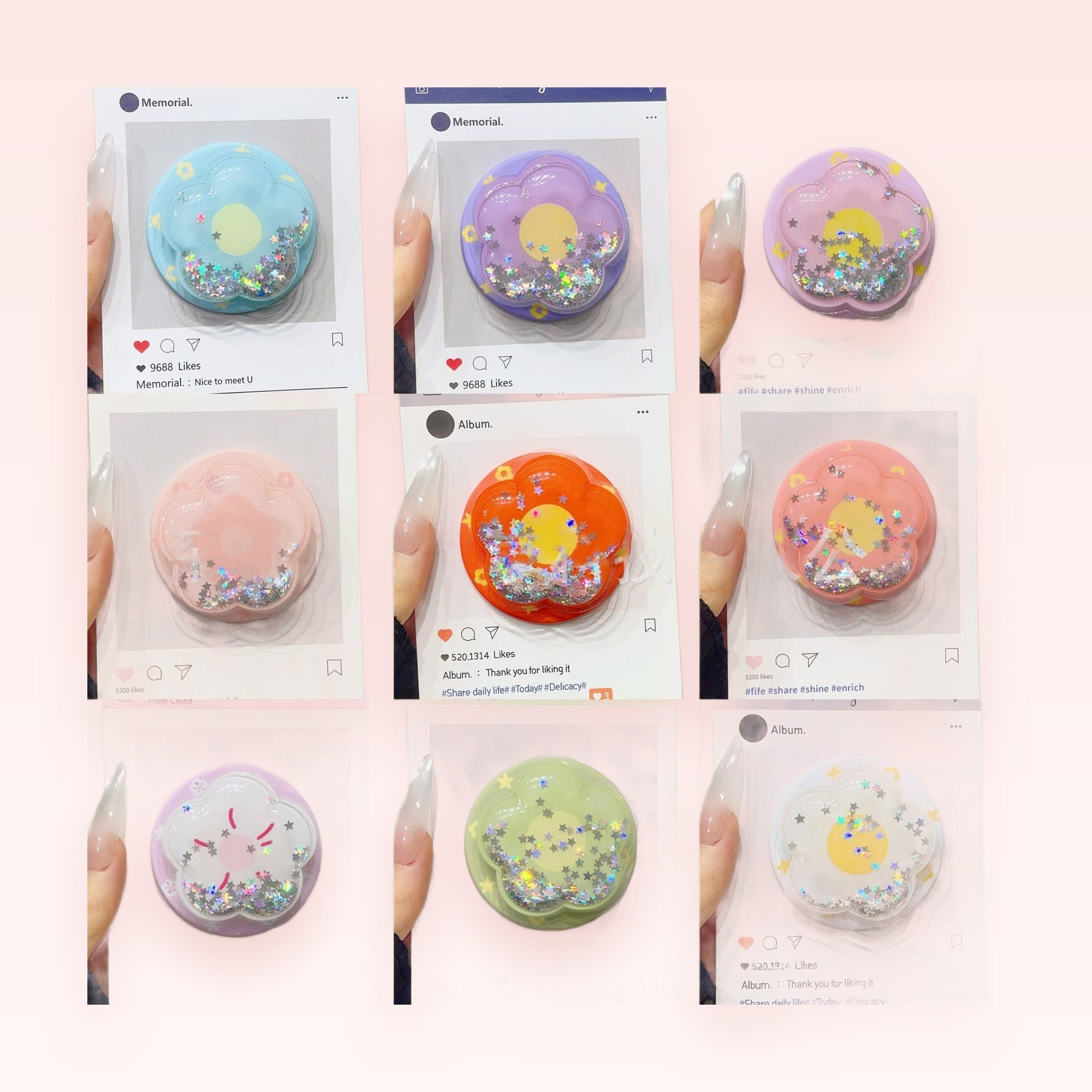 Kawaii Glitter Flower Phone Grip | Pastel Shaker Pop Socket Stand