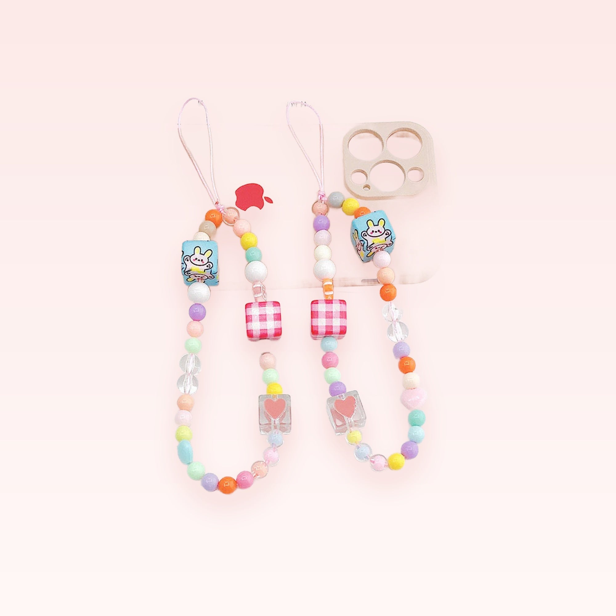Kawaii Pastel Beaded Phone Charm Strap | Cute Bunny & Gingham Wrist Lanyard