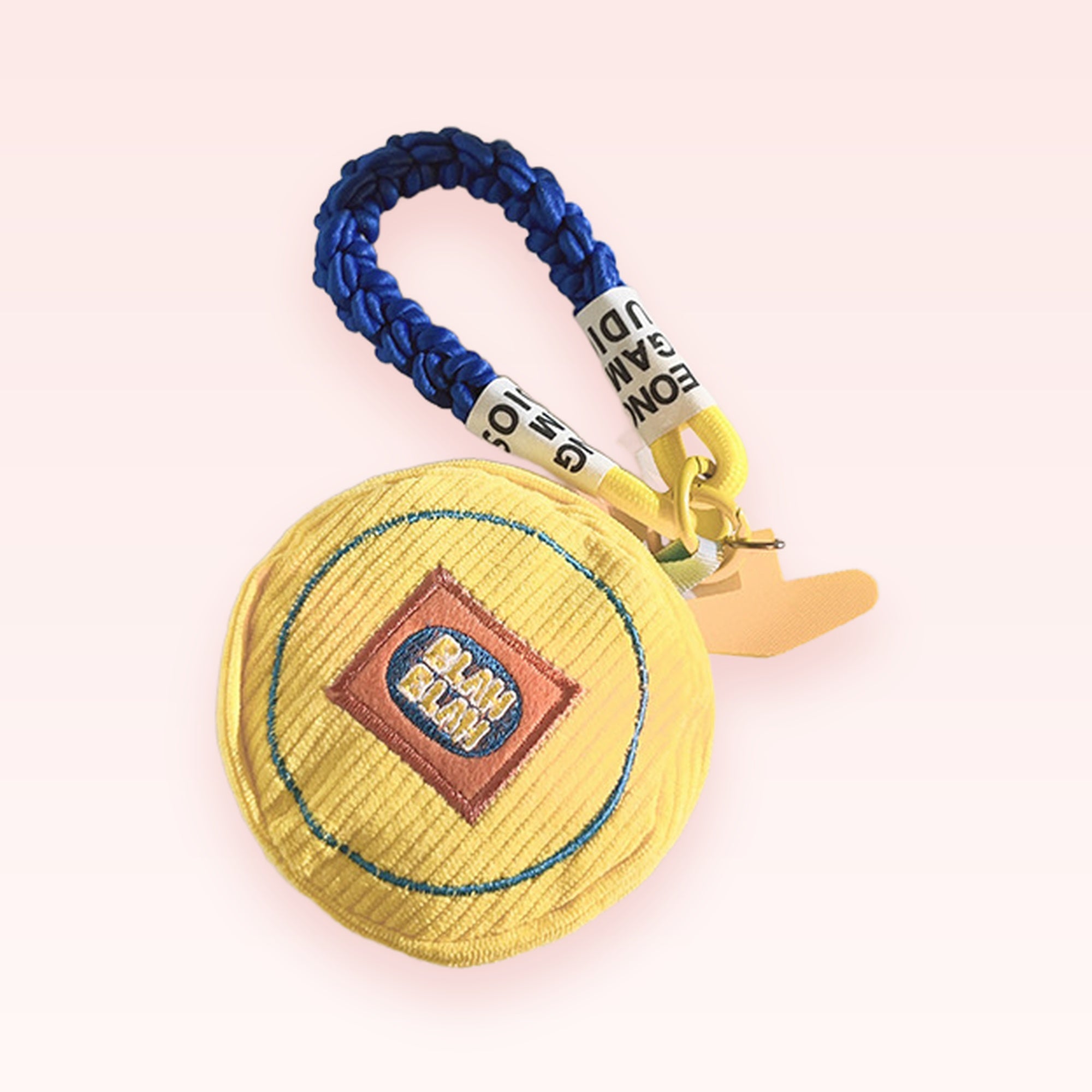 Cute Yellow Corduroy Circle Phone Charm | Aesthetic Blue & Yellow Braided Wrist Strap