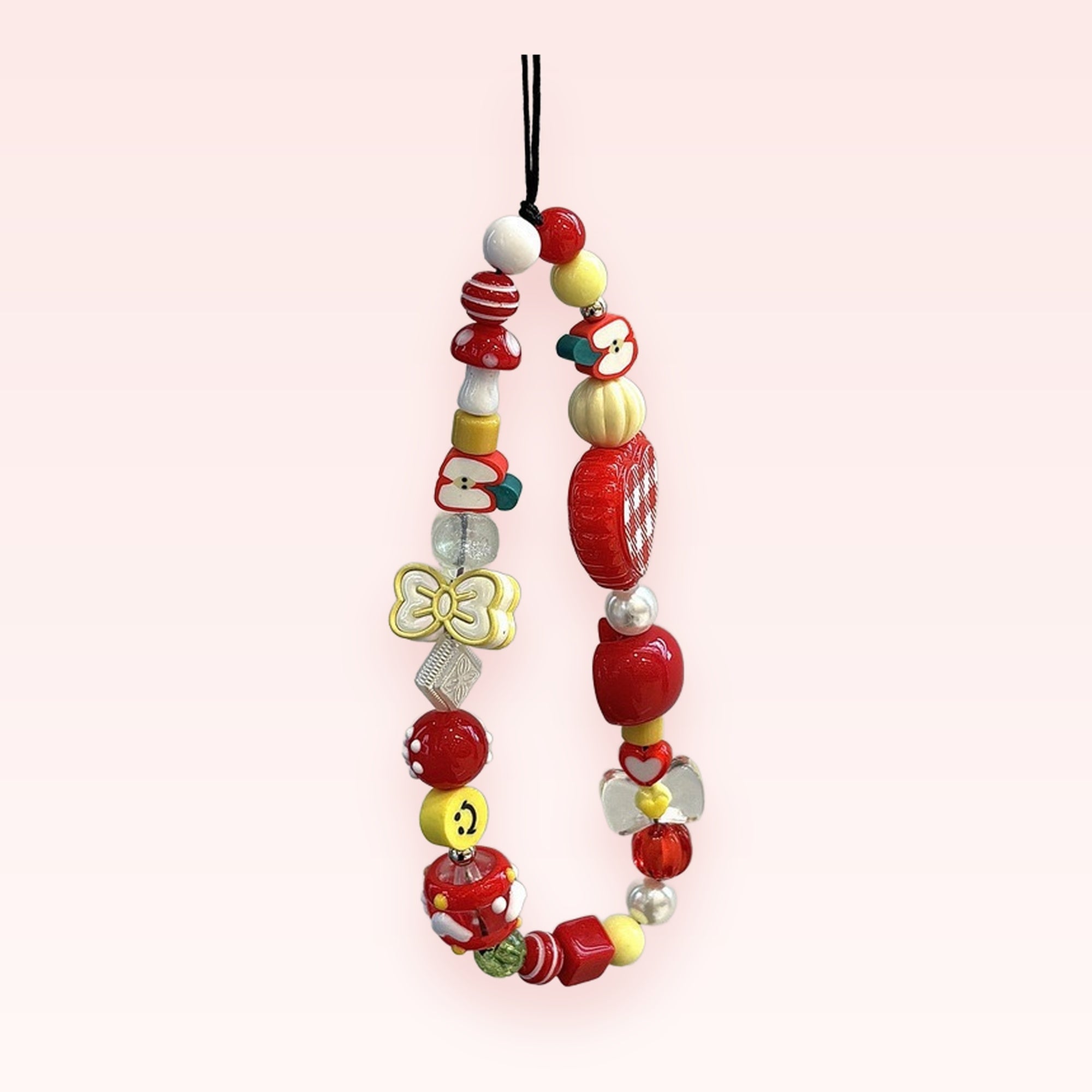 Kawaii Red Apple & Mushroom Beaded Phone Charm | Cute Y2K Wrist Strap