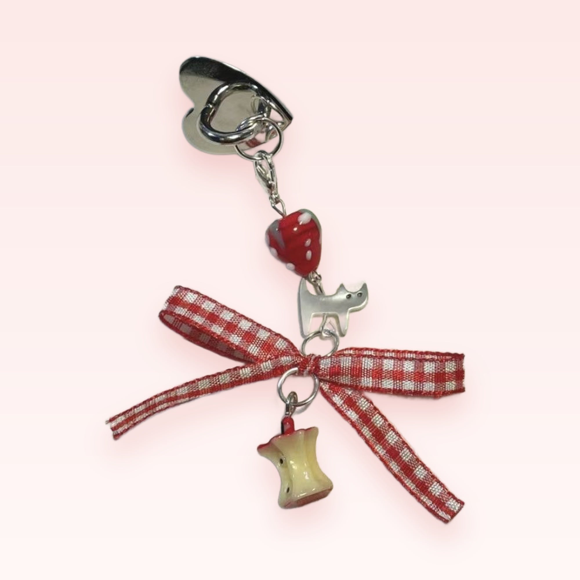 Cute Strawberry & Apple Core Phone Charm | Gingham Ribbon Keychain