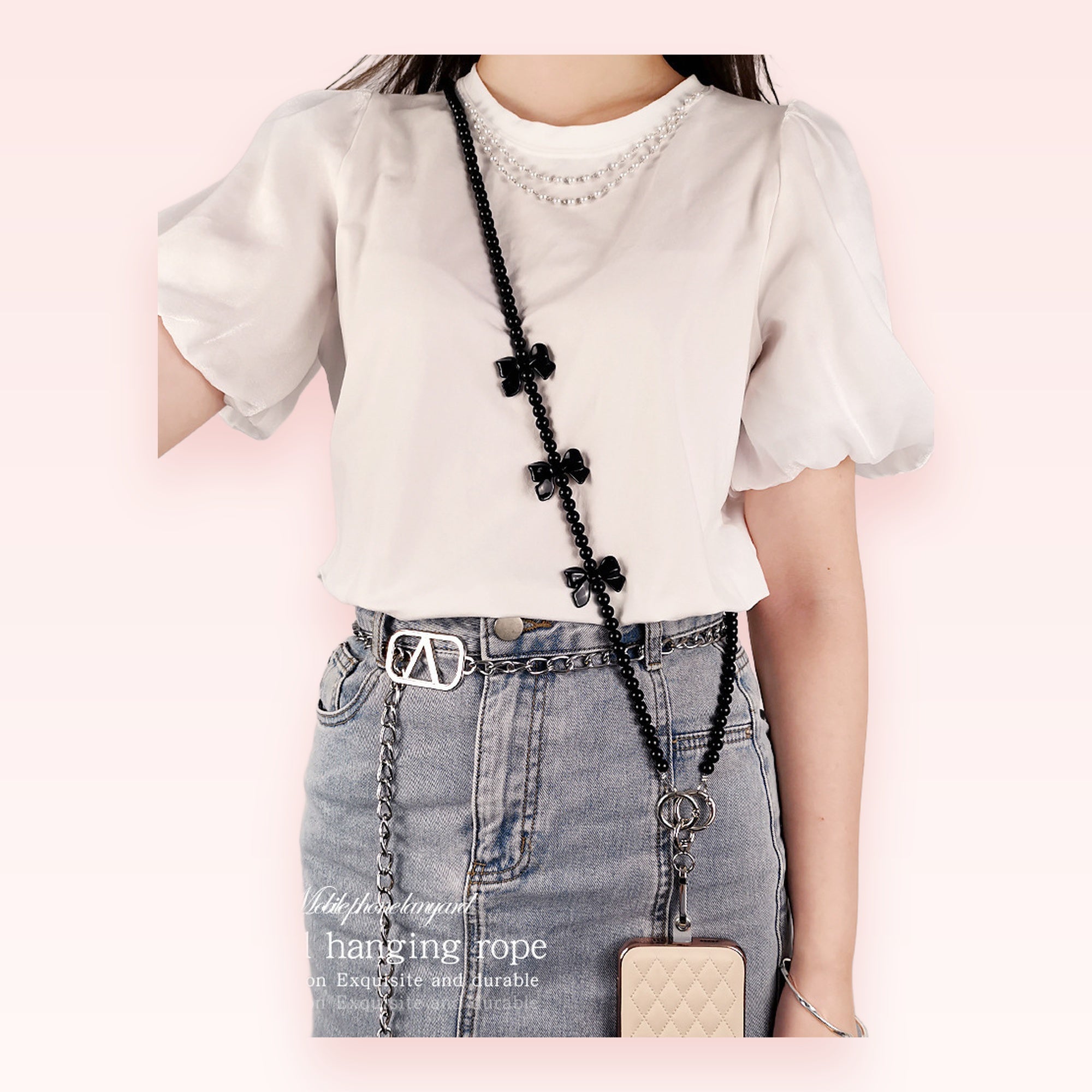 Elegant Black Bow Pearl Phone Lanyard | Chic Beaded Crossbody Phone Strap
