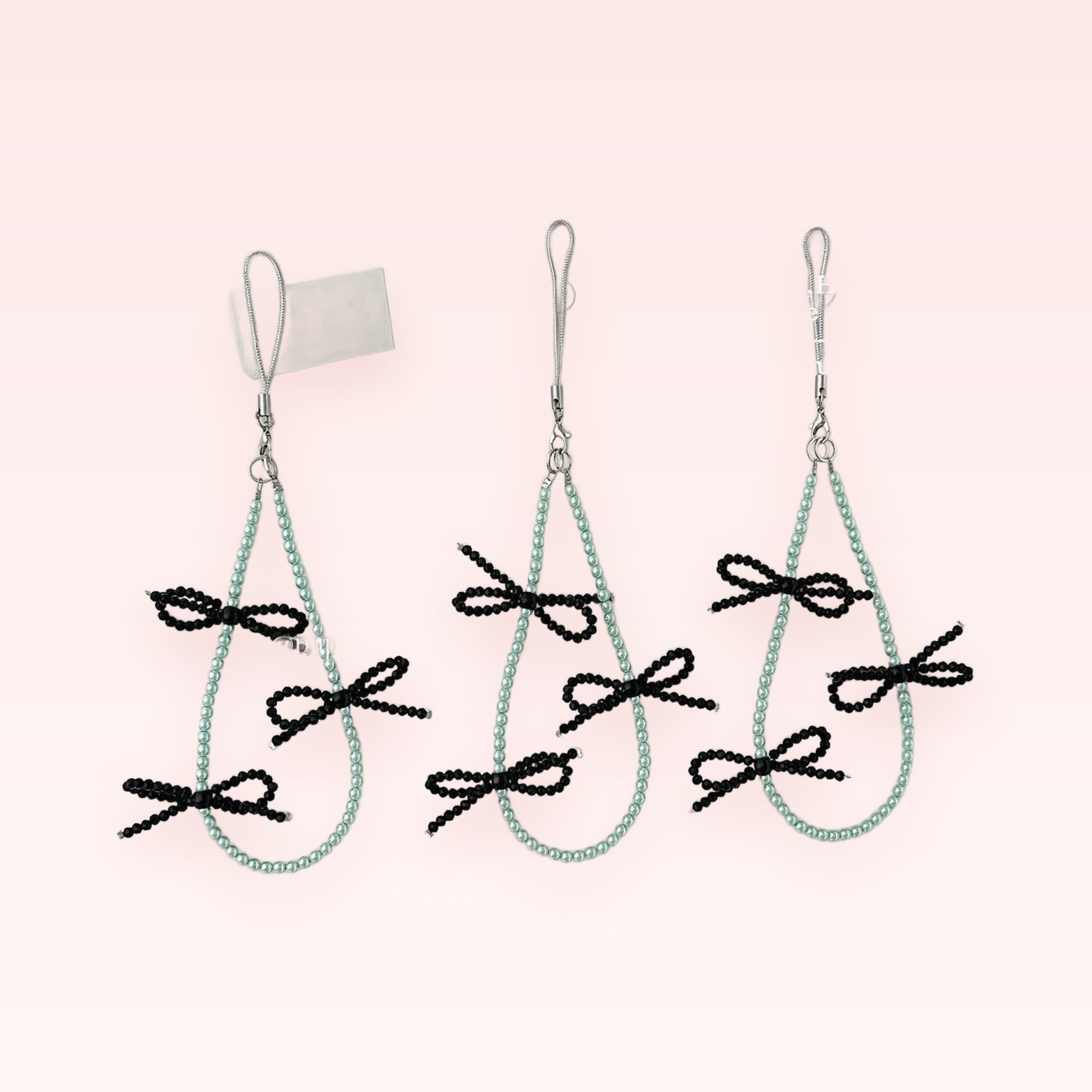 Cute Pastel Blue Pearl & Black Bow Phone Charm | Aesthetic Beaded Wrist Lanyard