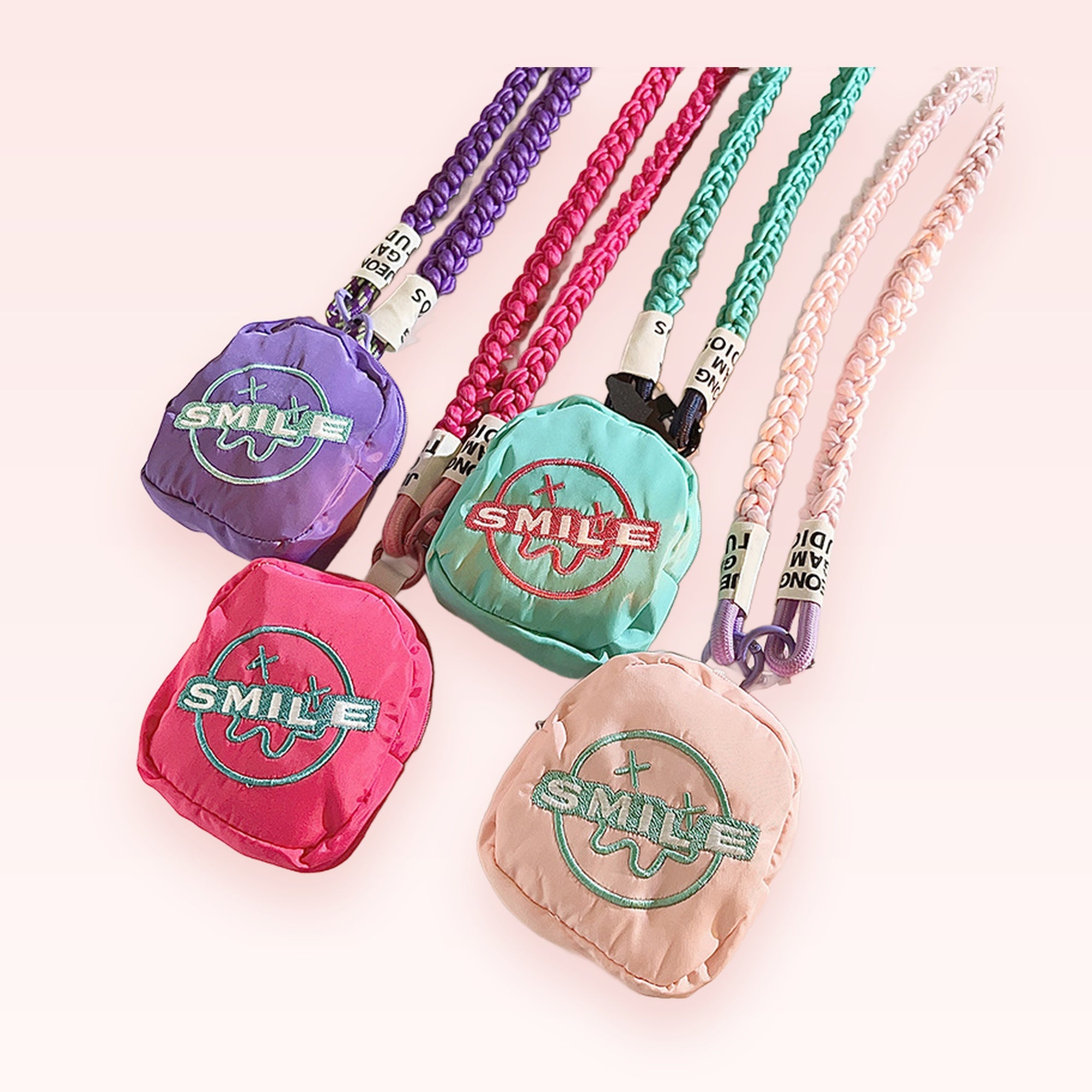 Cute Mini Backpack Phone Charm Lanyard | Colorful Braided Wrist Strap with Smile Patch