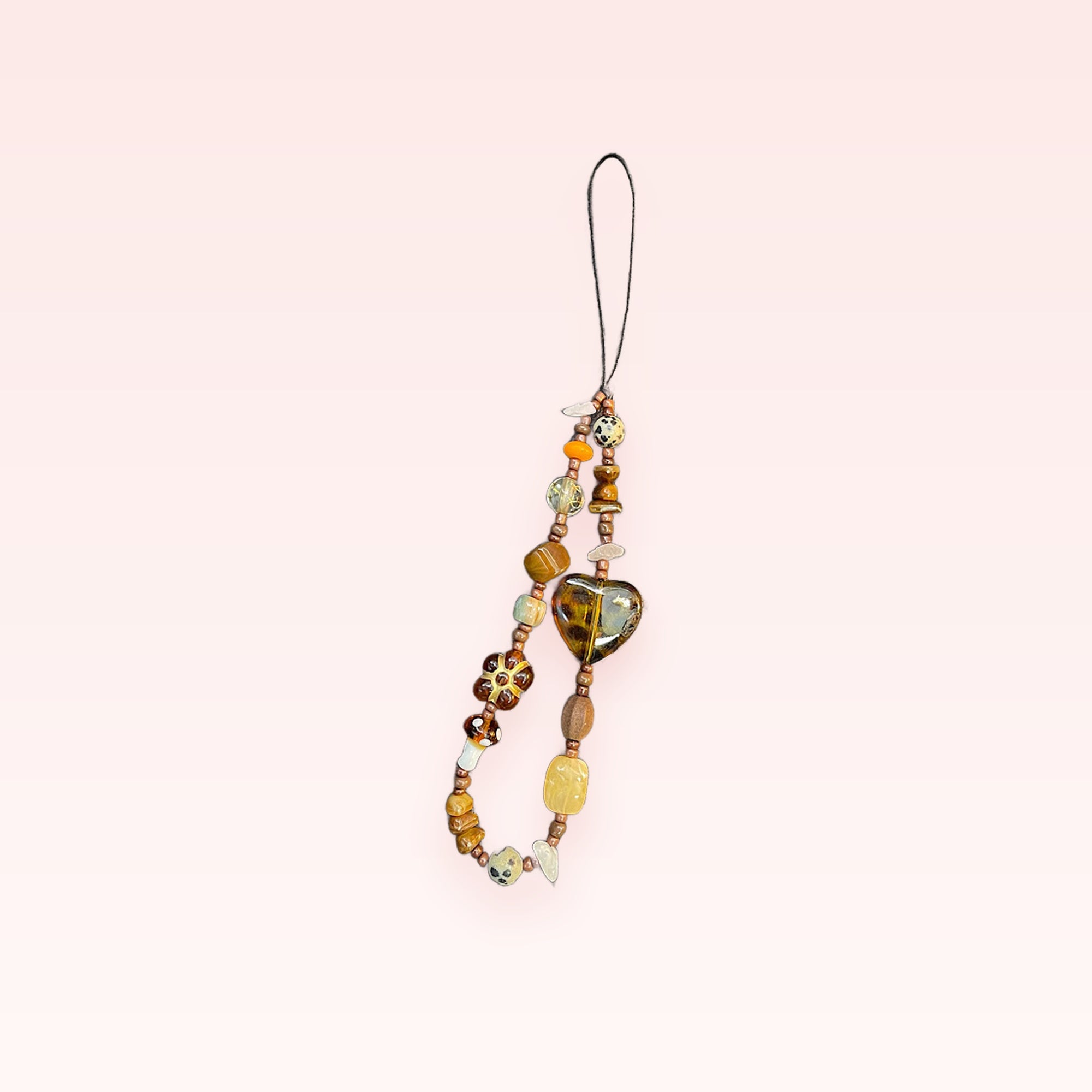 Aesthetic Tiger Eye & Heart Phone Charm Strap | Earthy Beaded Wrist Lanyard