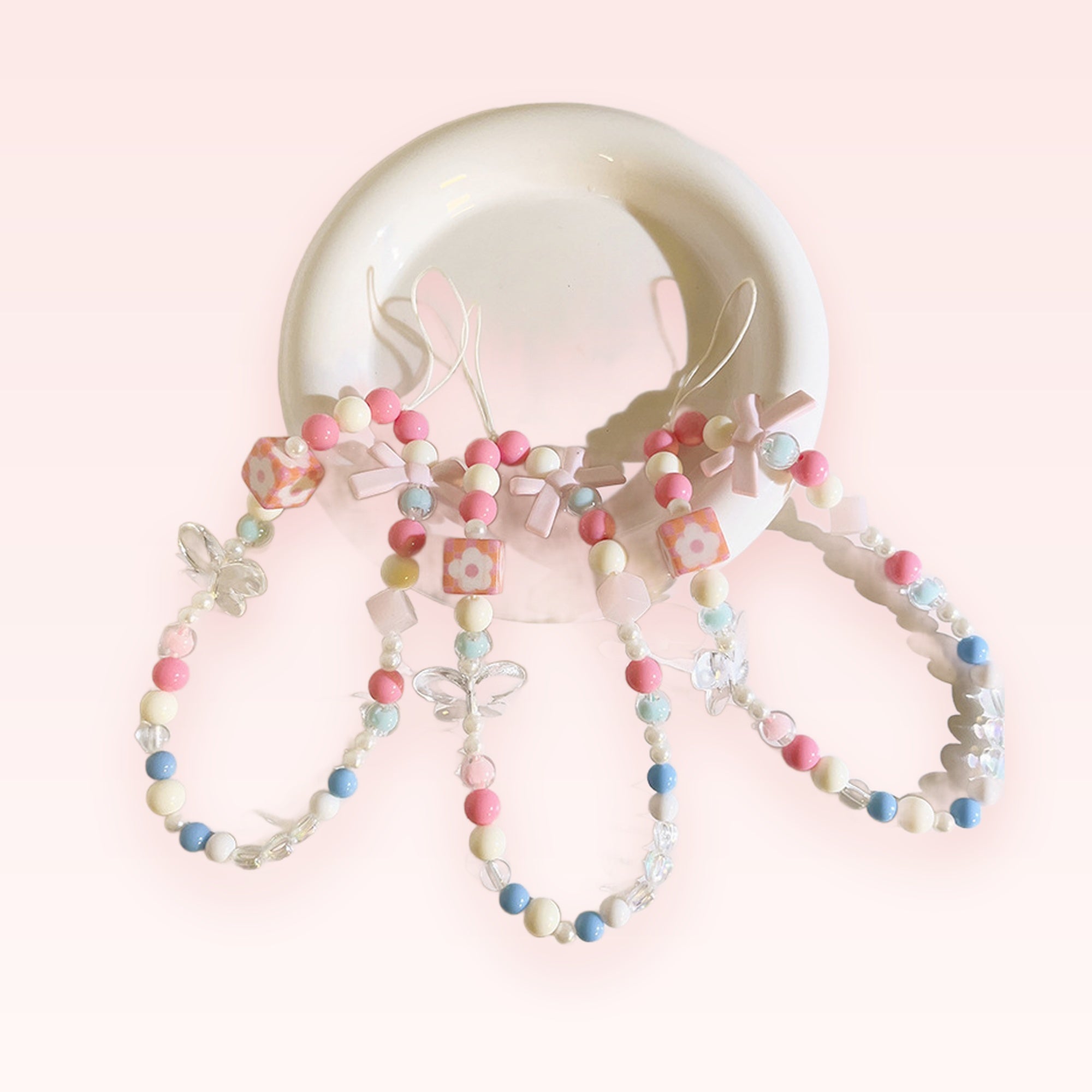 Pastel Beaded Phone Charm Strap | Kawaii Flower Cube & Butterfly Wrist Lanyard