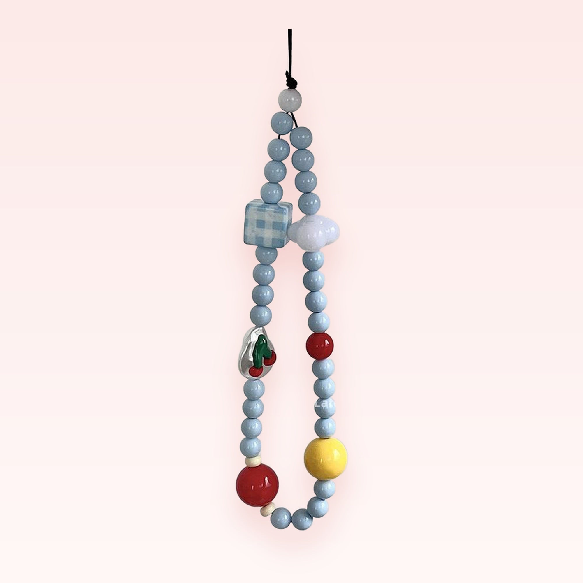 Kawaii Pastel Blue Beaded Phone Charm | Cute Cherry Cloud Gingham Wrist Strap