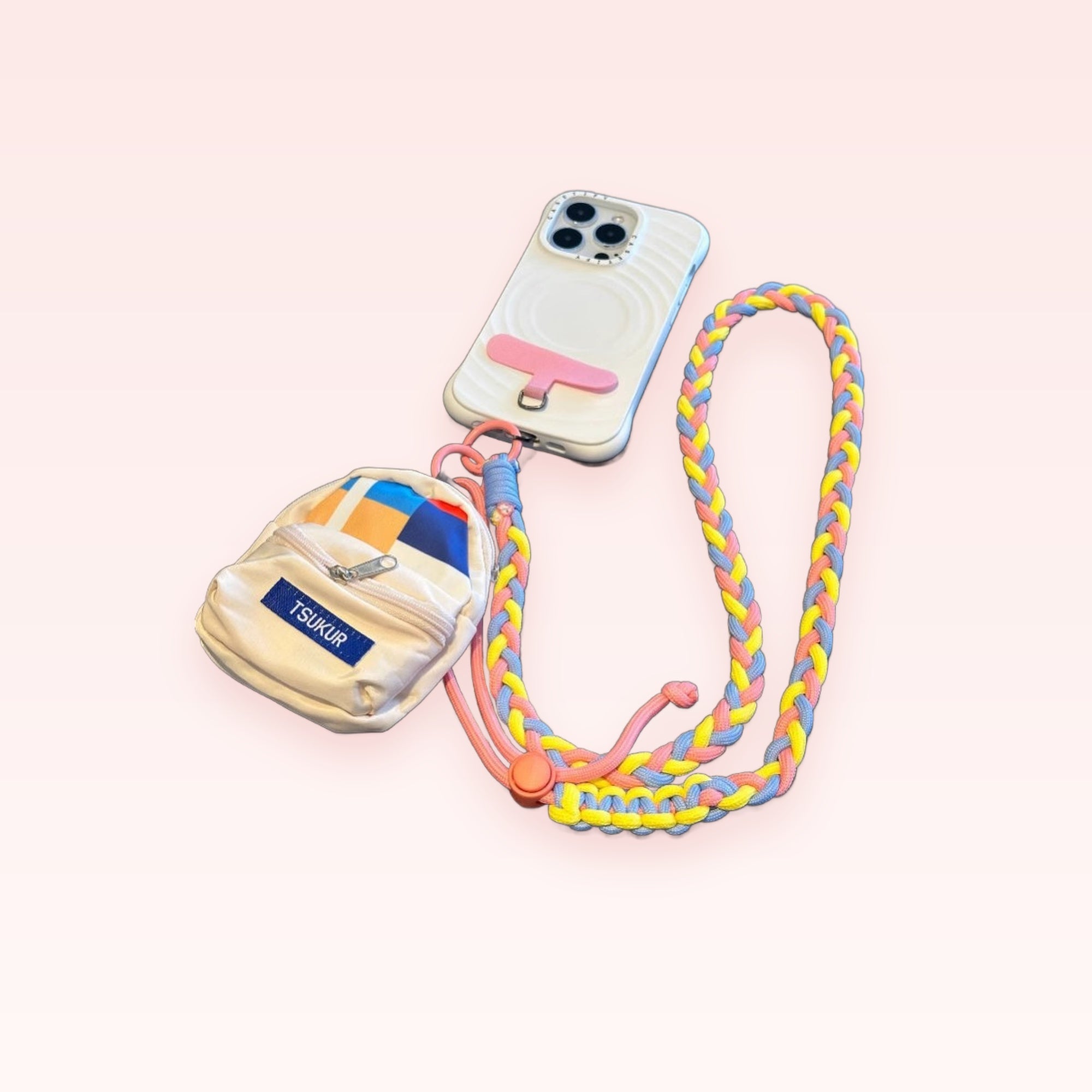Cute Braided Lanyard Phone Charm | Pastel Rainbow Mini Backpack Phone Strap