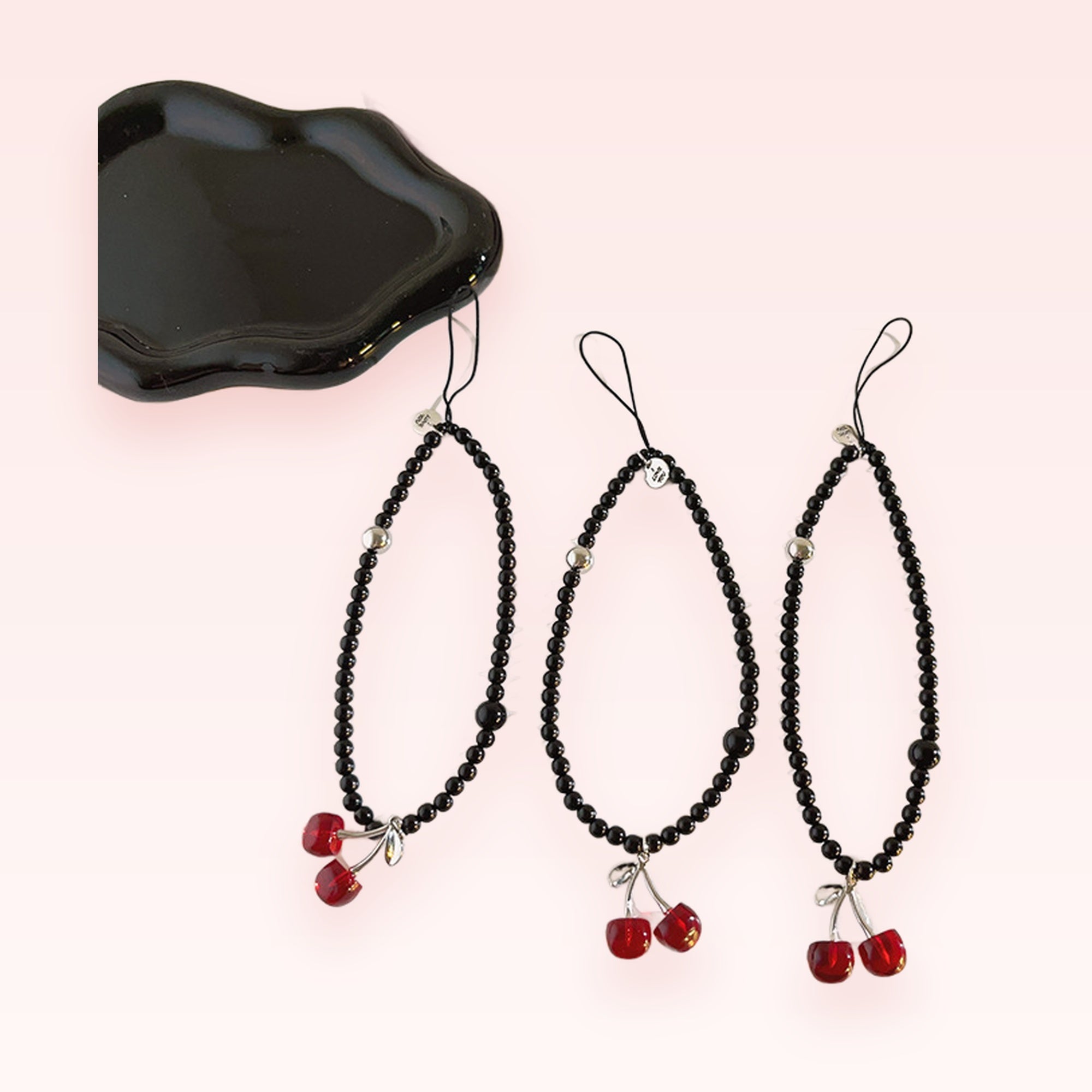 Cute Black Beaded Cherry Phone Charm | Aesthetic Red Fruit Wrist Strap