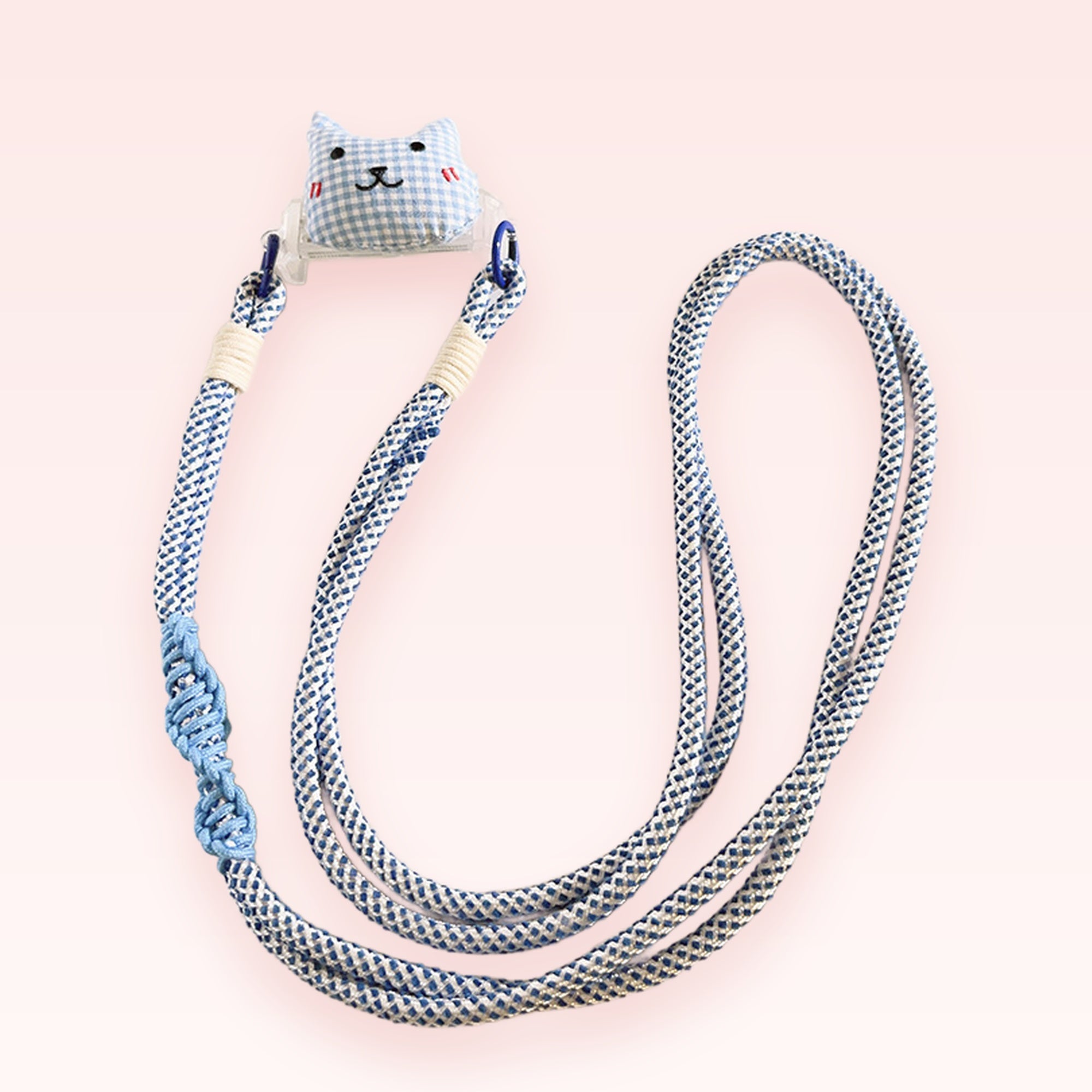 Cute Blue Gingham Cat Phone Lanyard | Aesthetic Plaid Fabric Phone Strap