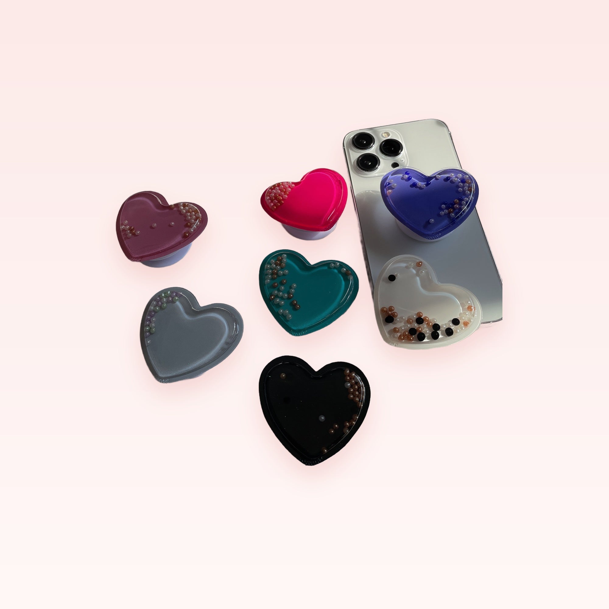 Cute Heart Phone Grip with Shimmering Beads | Kawaii Phone Stand