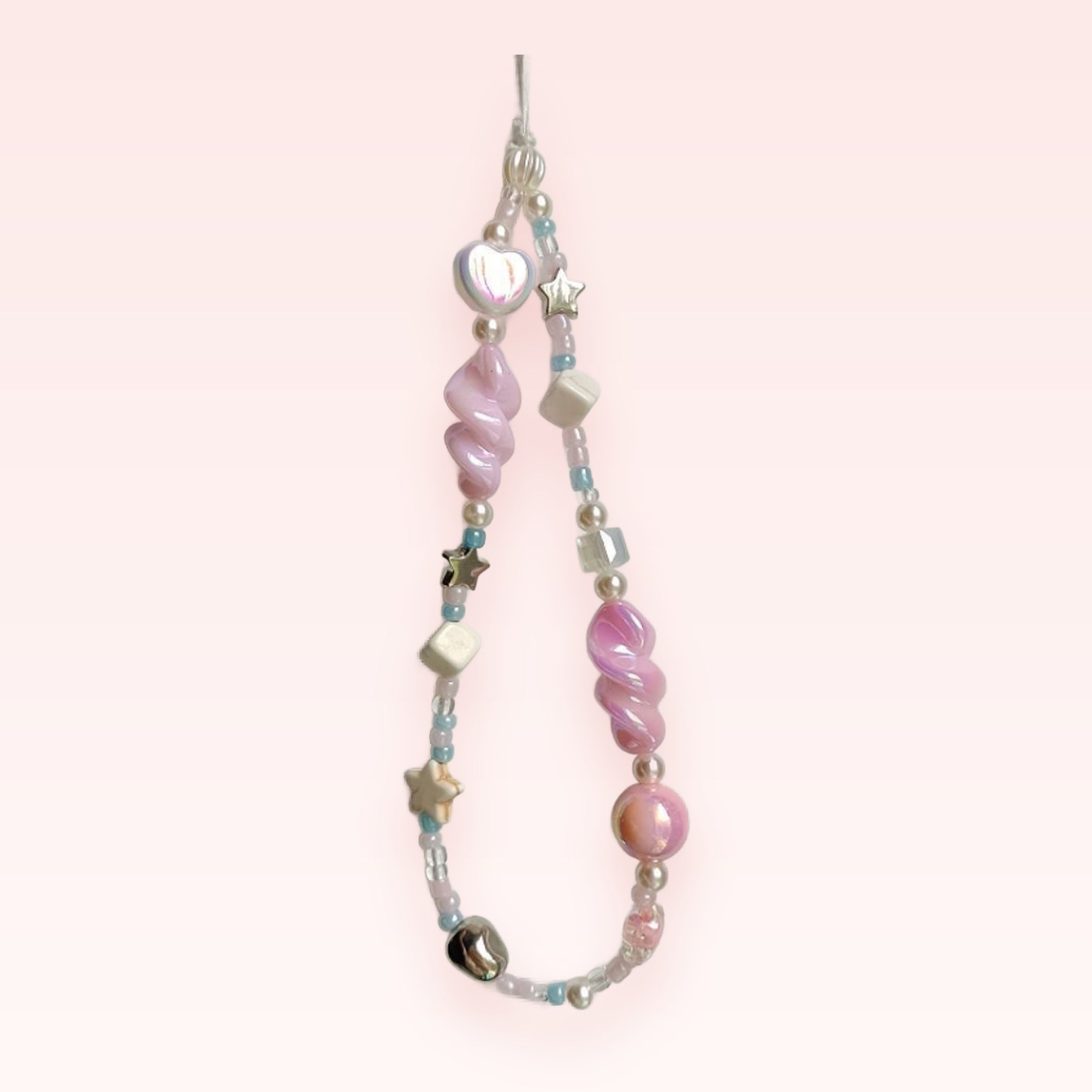 Pastel Pink & Blue Beaded Phone Charm | Iridescent Heart & Star Wrist Strap