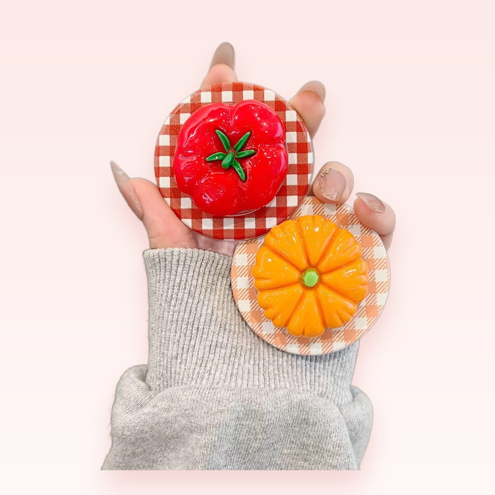 Cute Tomato & Pumpkin Phone Grip | Kawaii Gingham Pop Socket Stand
