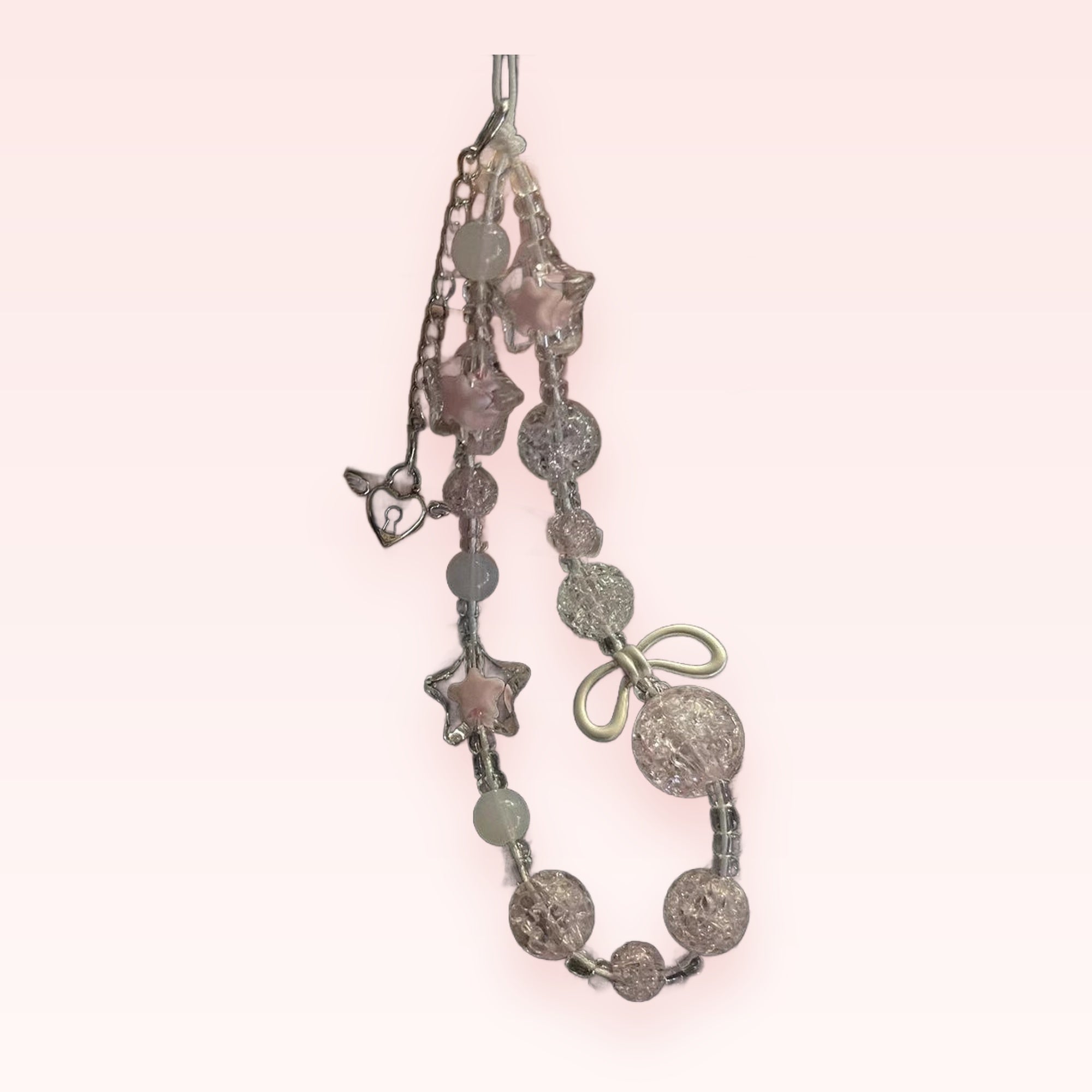Kawaii Pink Star & Cracked Bead Phone Charm | Aesthetic Beaded Wrist Strap