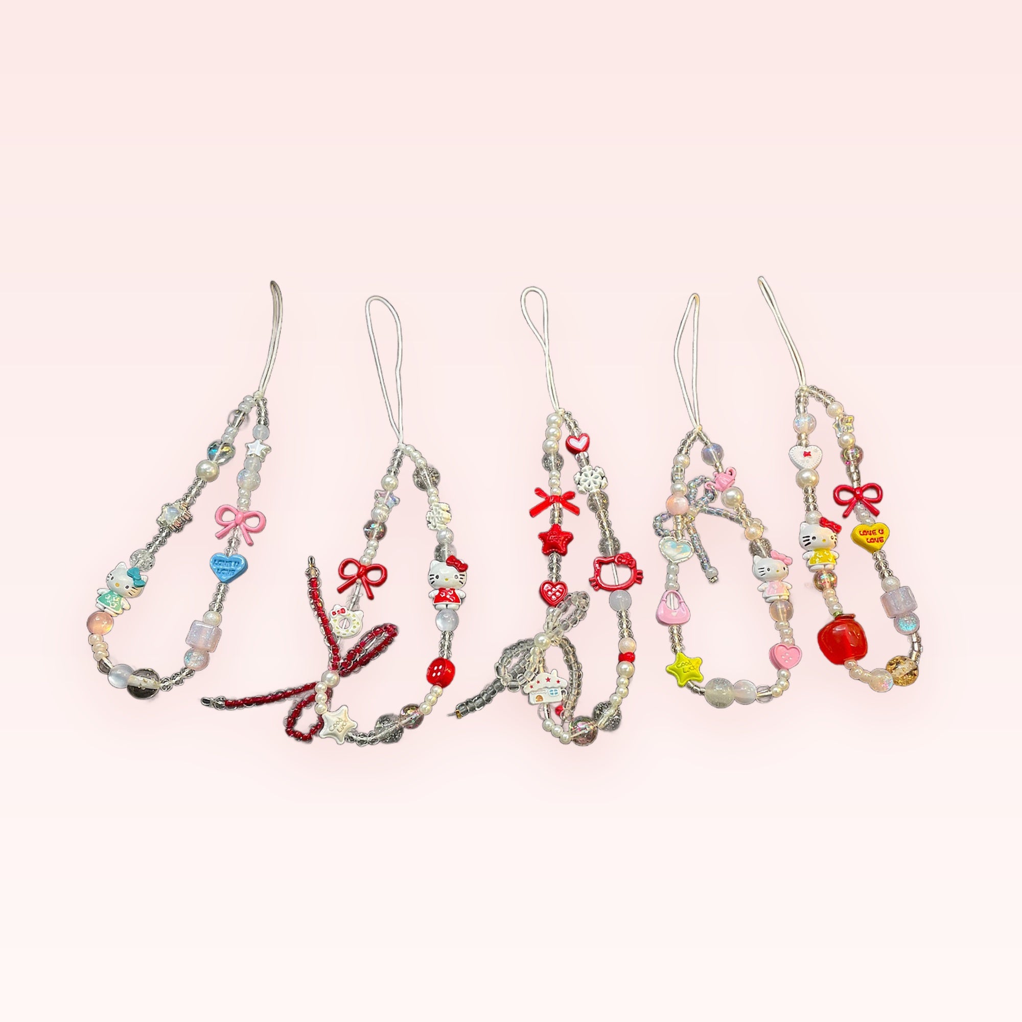 Kawaii Hello Kitty & Pearl Phone Charm Strap | Beaded Wrist Lanyard with Bows & Hearts