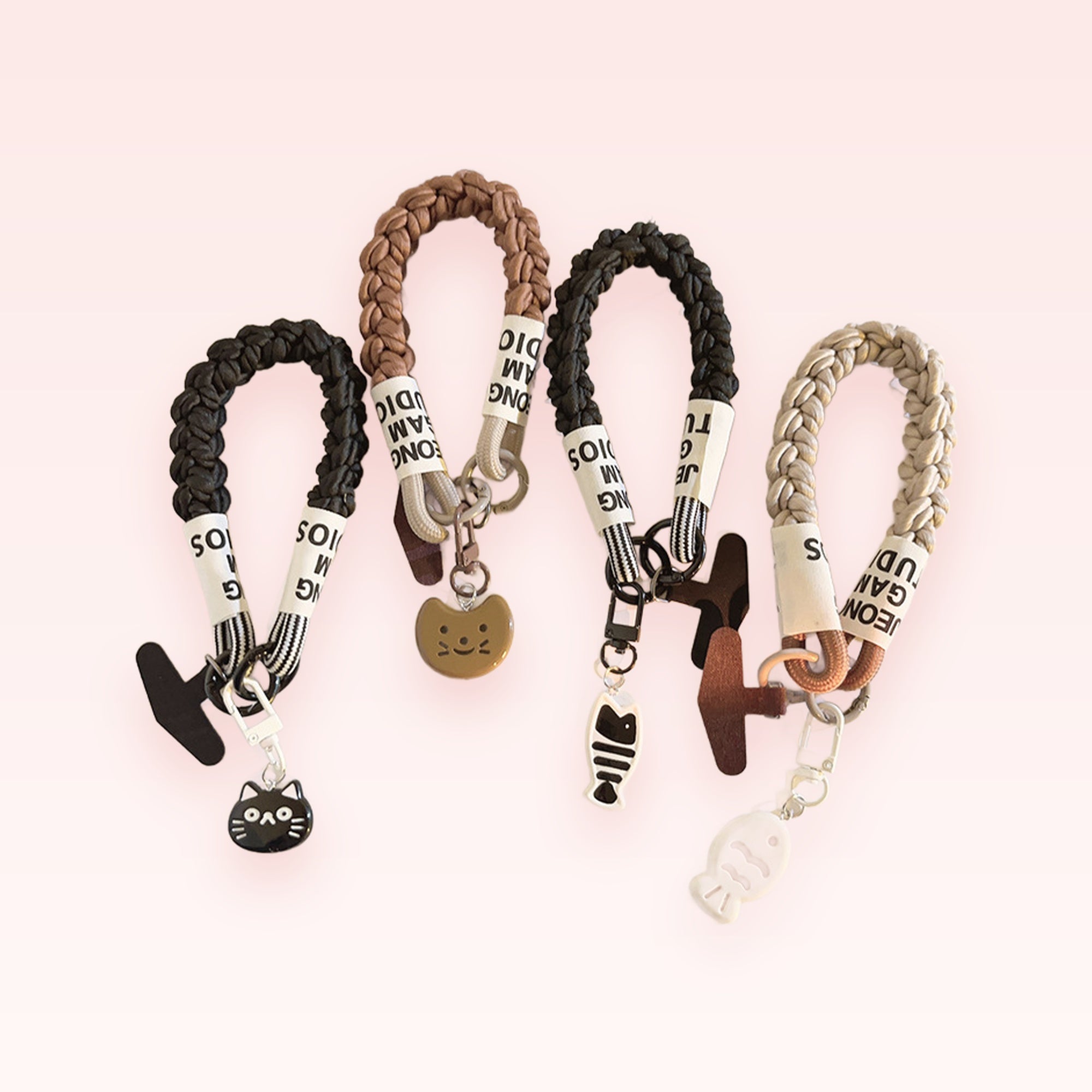 Braided Wrist Strap Phone Charm with Cat & Fish Charms | Aesthetic Woven Lanyard