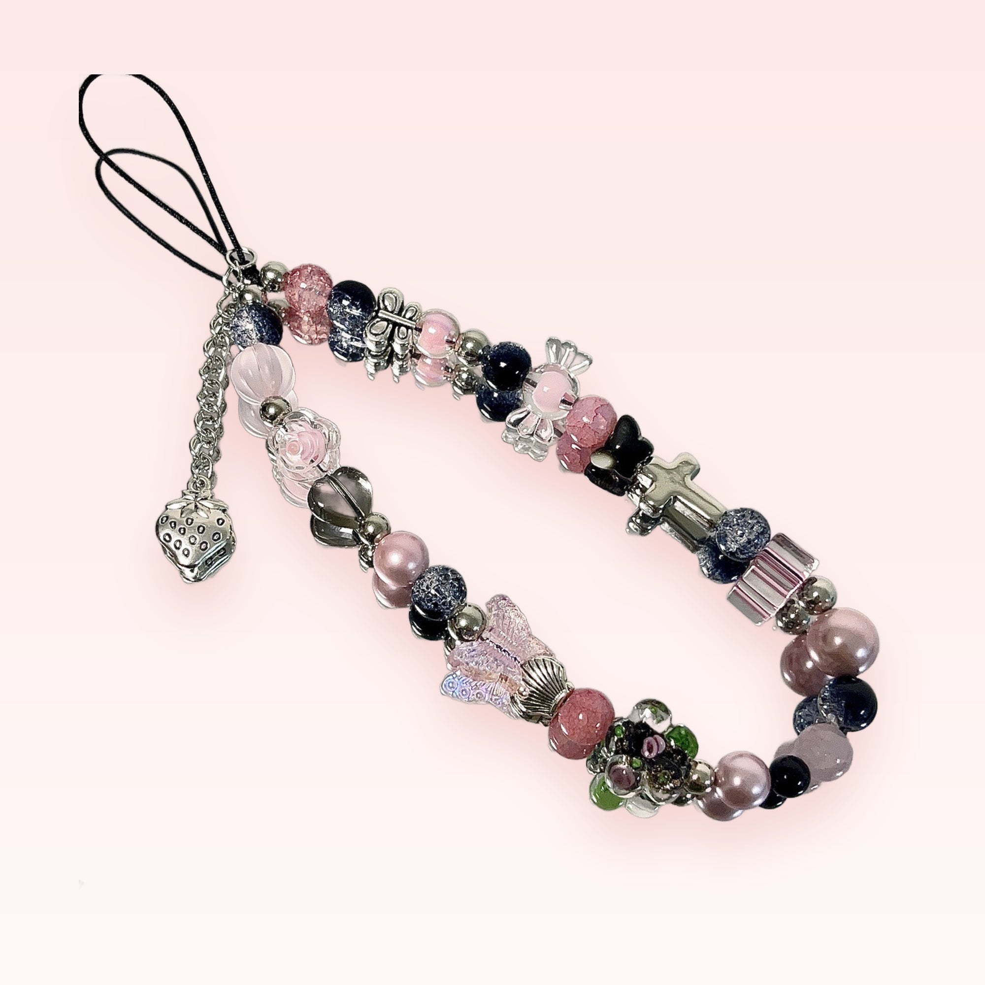 Aesthetic Pink & Black Beaded Phone Charm | Y2K Butterfly & Cross Wrist Strap