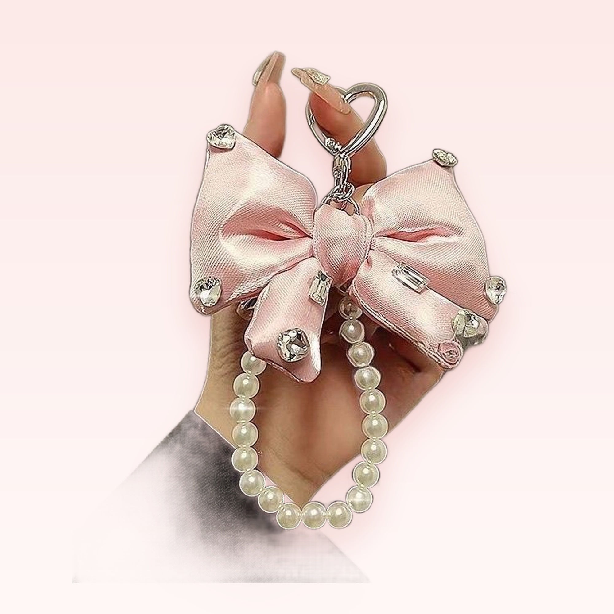 Pink Bow Pearl Phone Charm | Kawaii Rhinestone Wrist Strap