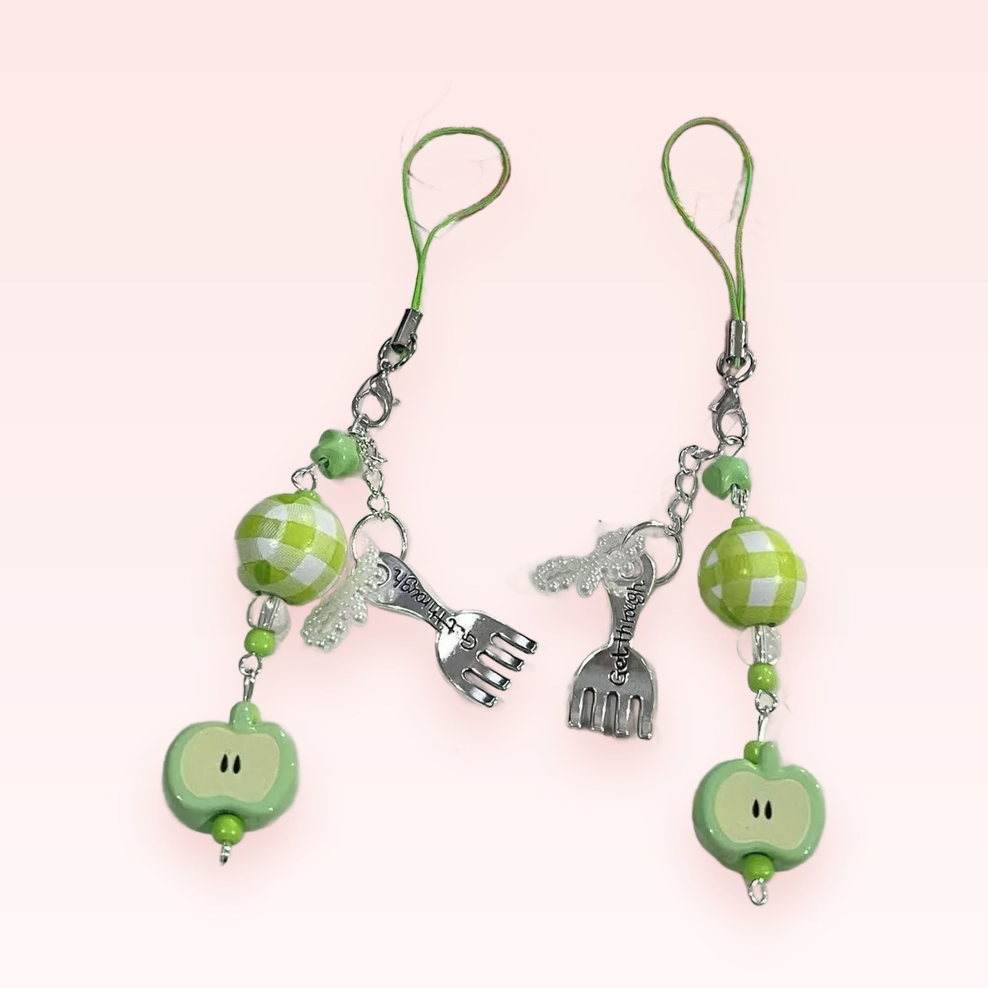 Cute Green Apple & Gingham Phone Charm | Aesthetic Fork Beaded Wrist Strap