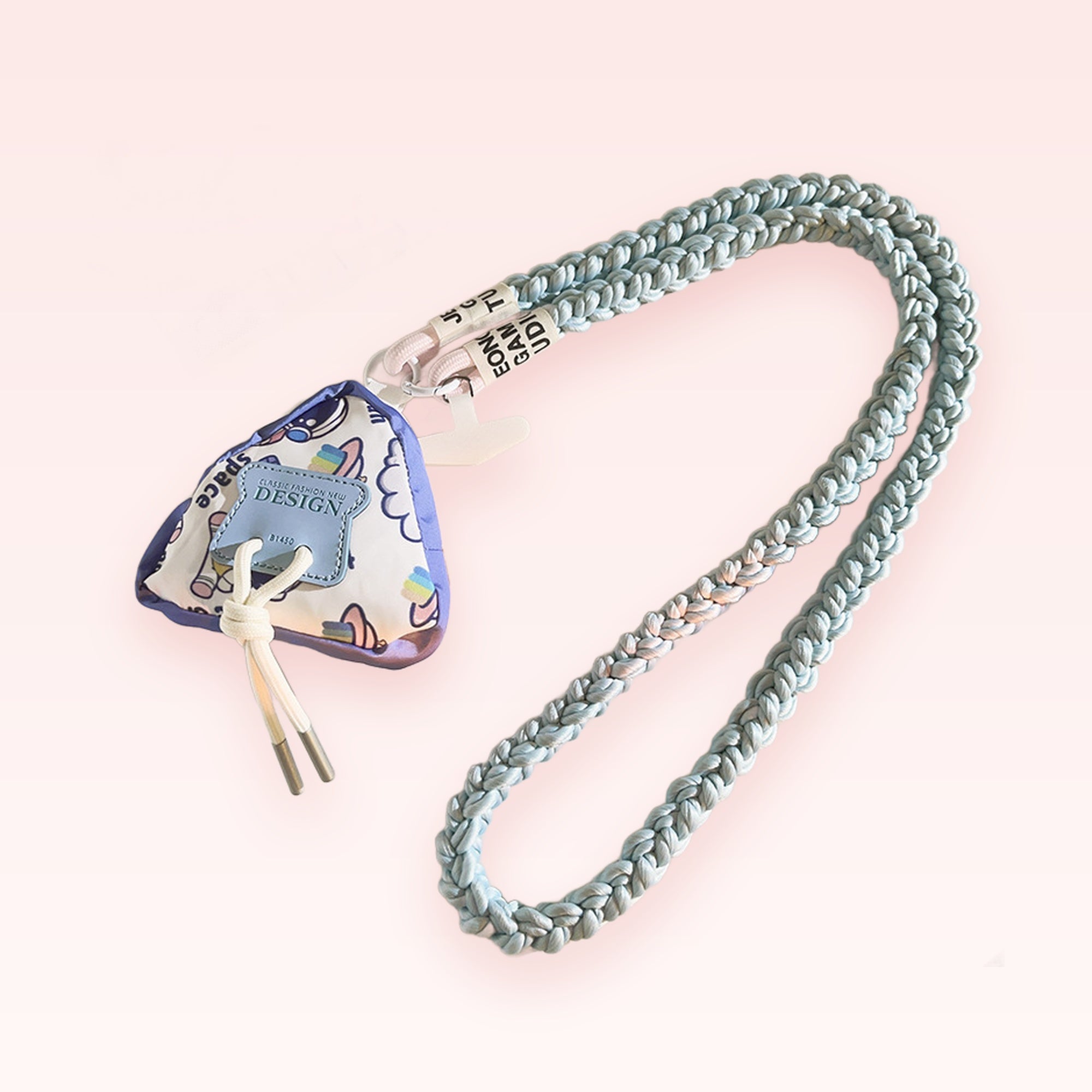 Kawaii Braided Rope Phone Charm Lanyard | Pastel Blue & White Long Shoulder Strap