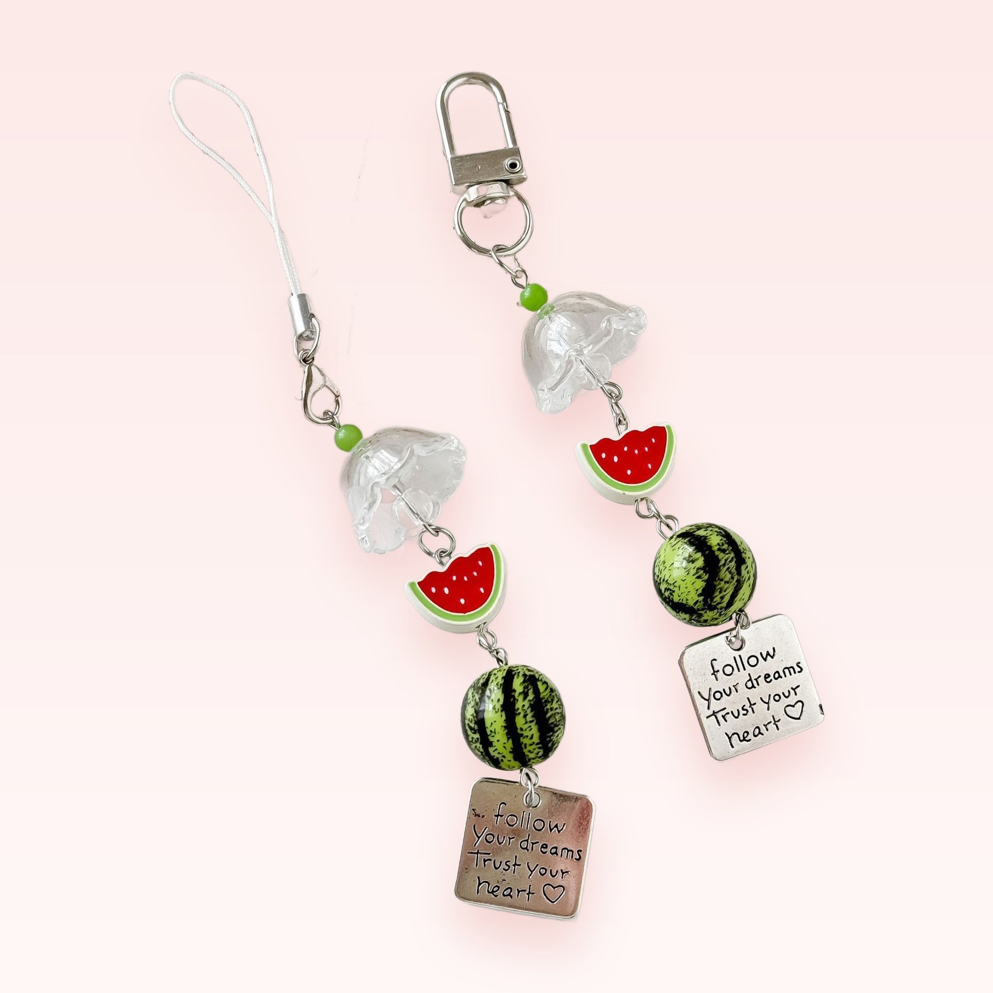 Cute Watermelon & Clear Bell Flower Phone Charm | Aesthetic Fruit Beaded Wrist Strap