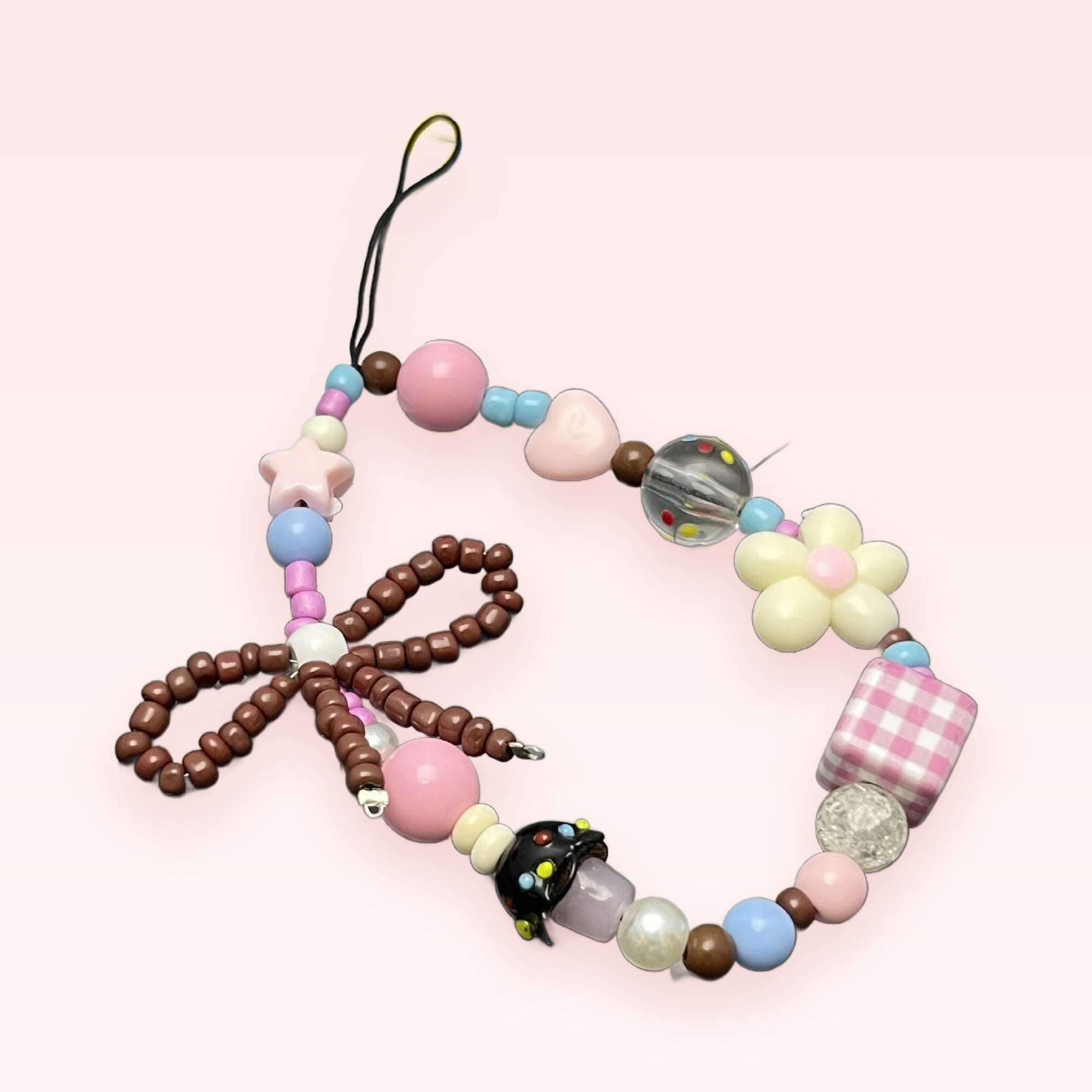Pastel Beaded Phone Charm Strap | Kawaii Bow & Mushroom Wrist Lanyard