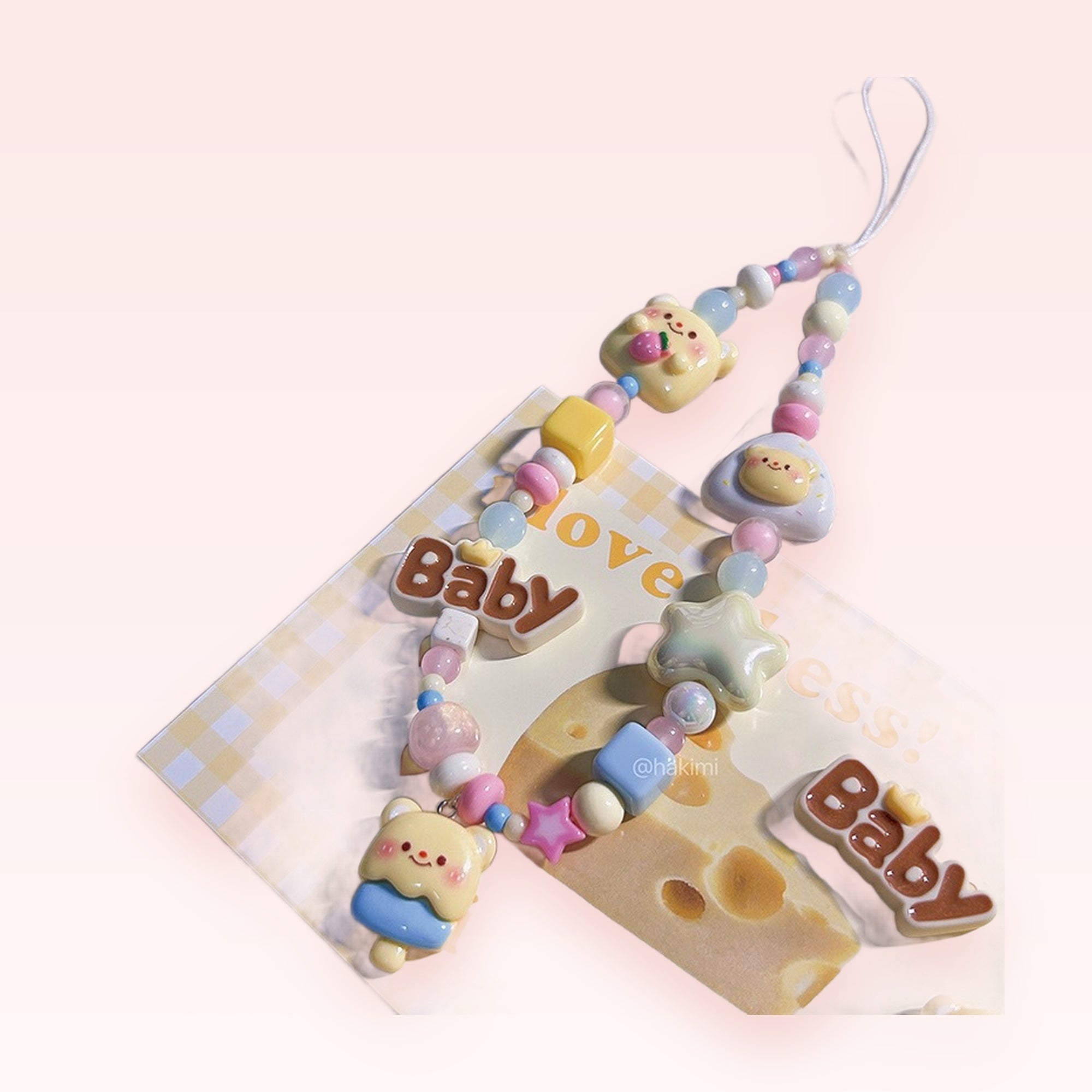 Kawaii Pastel Beaded Phone Charm Strap | Cute Baby Bear & Star Wrist Lanyard