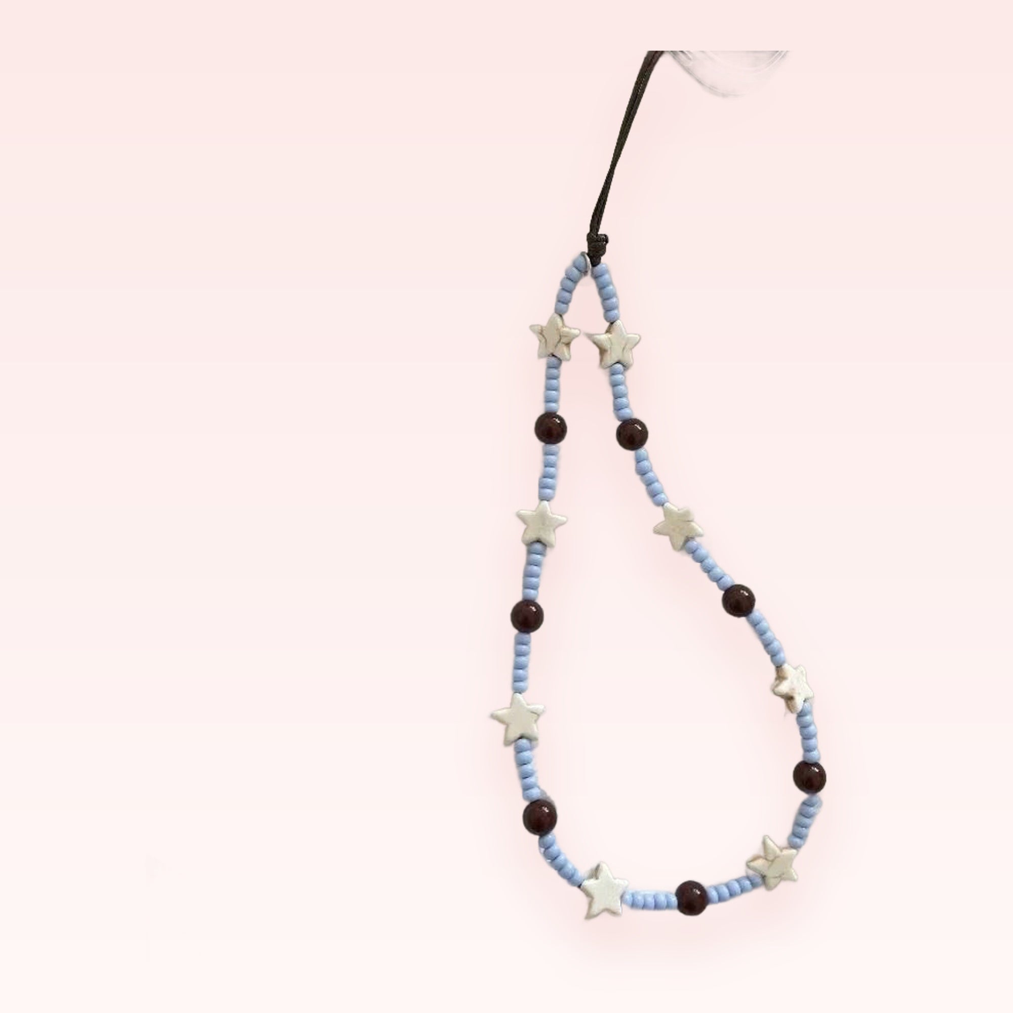 Aesthetic Pastel Blue Beaded Phone Charm | Cute Star & Brown Bead Wrist Lanyard