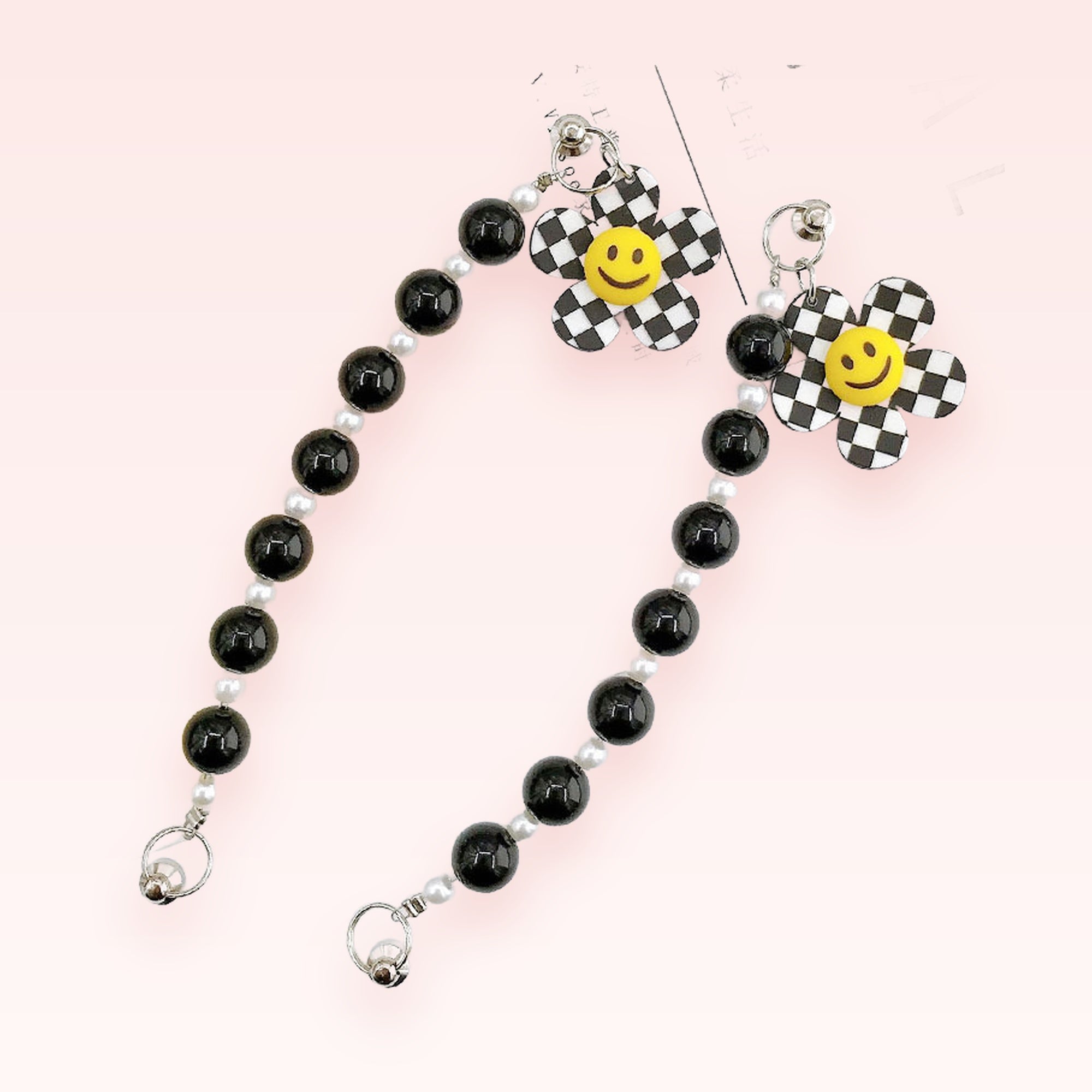 Y2K Checkered Flower Phone Charm | Black & White Beaded Wrist Strap