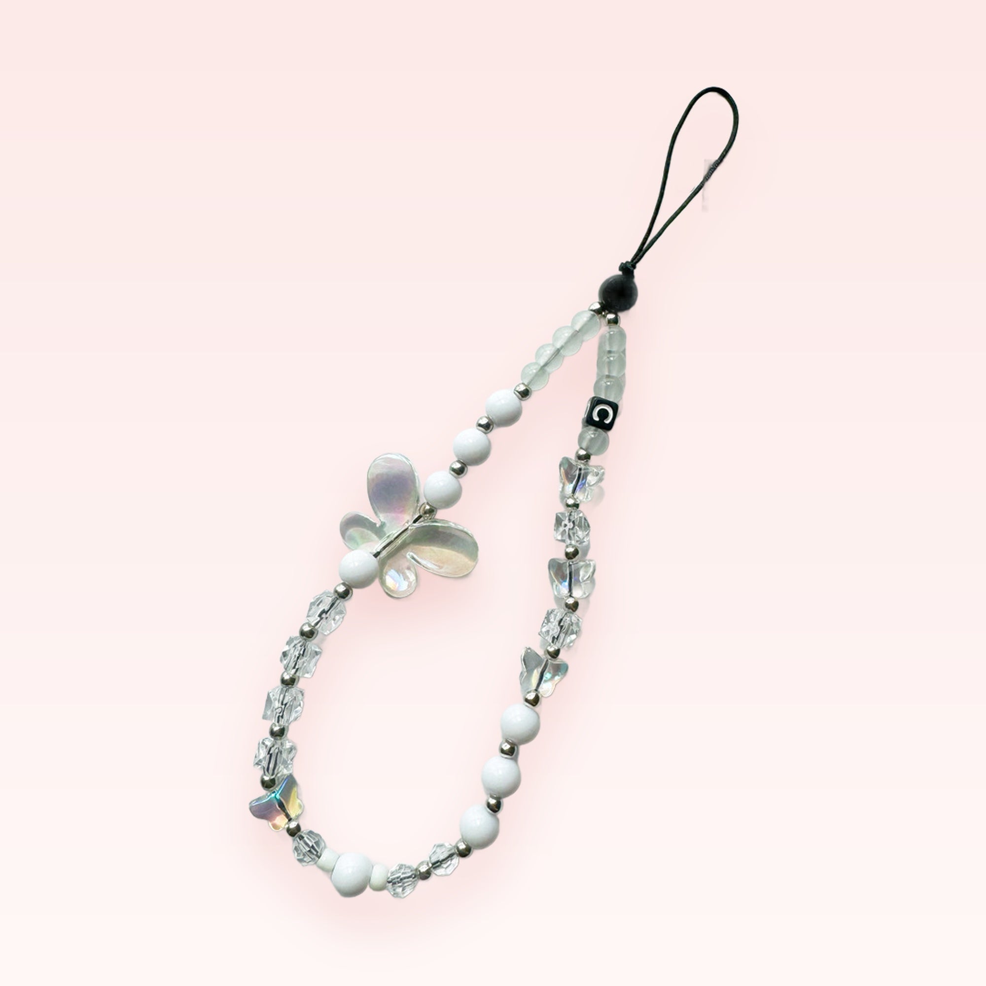 White Beaded Butterfly Phone Charm | Aesthetic Clear Crystal Wrist Strap