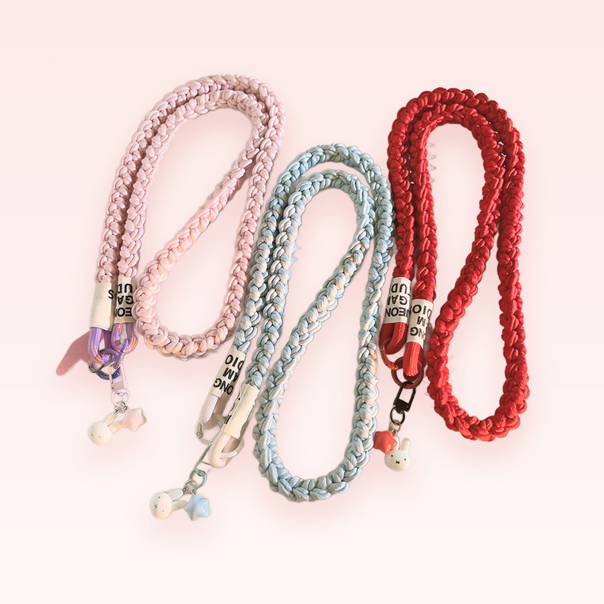 Braided Rope Phone Lanyard | Pastel Pink Blue Red Crossbody Strap with Charms