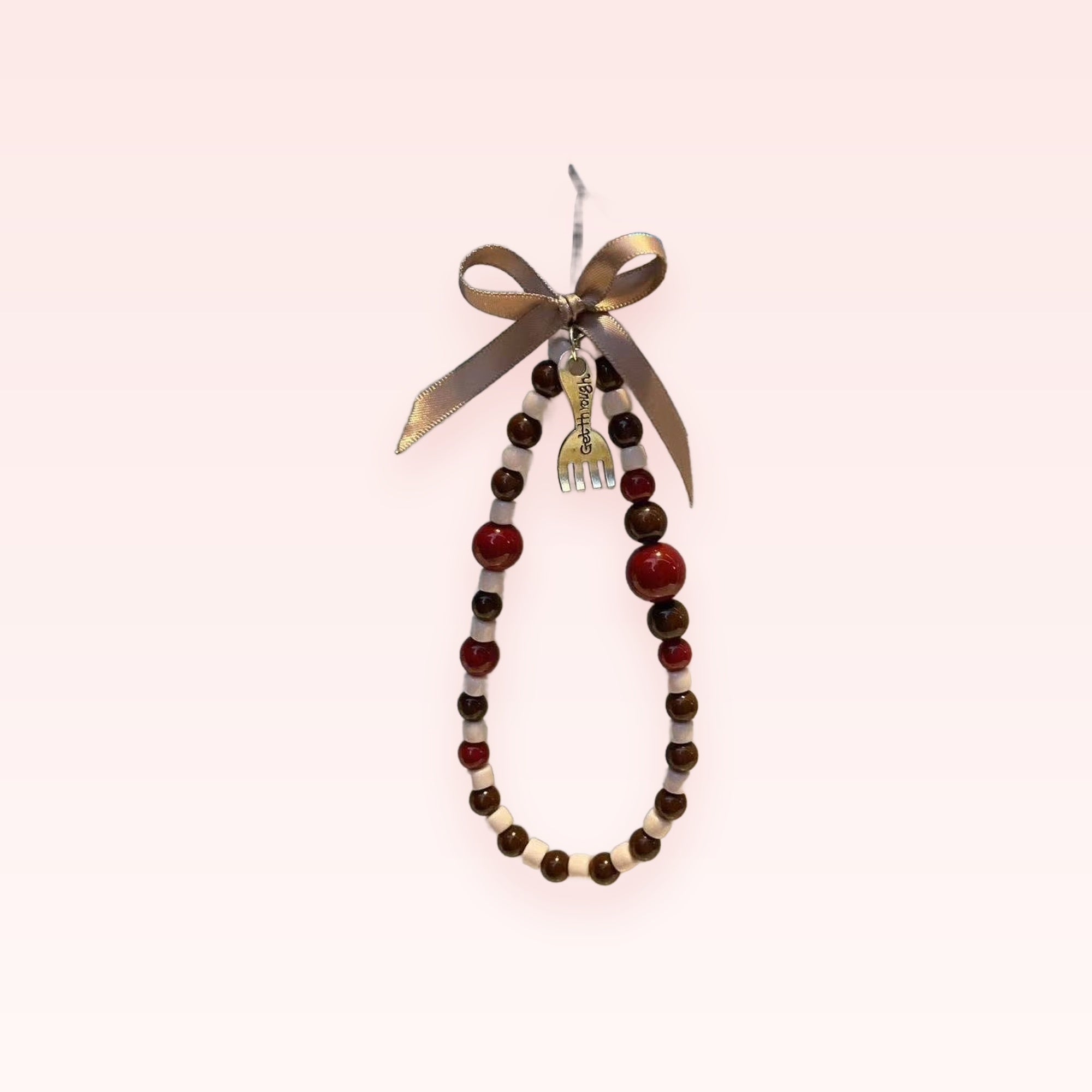 Cute Red & Brown Beaded Phone Charm | Fork Charm Wrist Strap