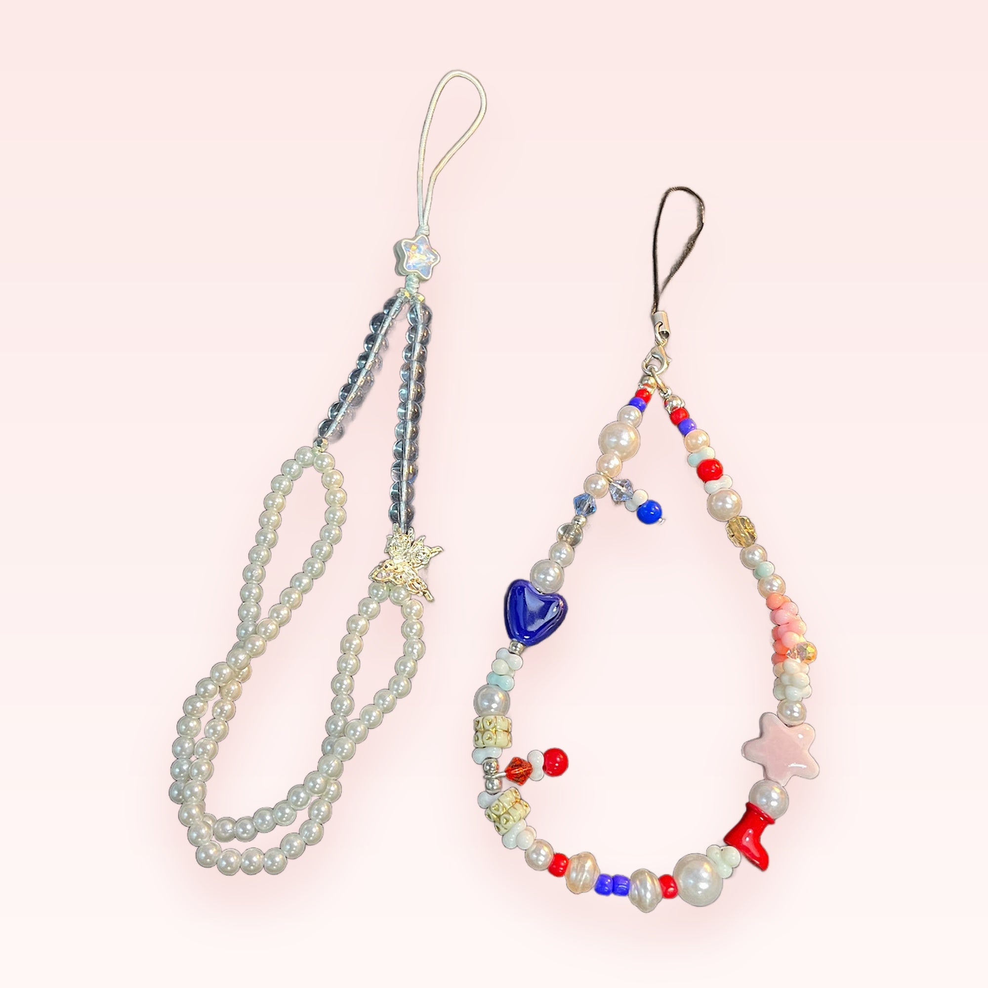 Kawaii Pearl & Clear Beaded Phone Charm Set | Aesthetic Star & Heart Wrist Lanyards