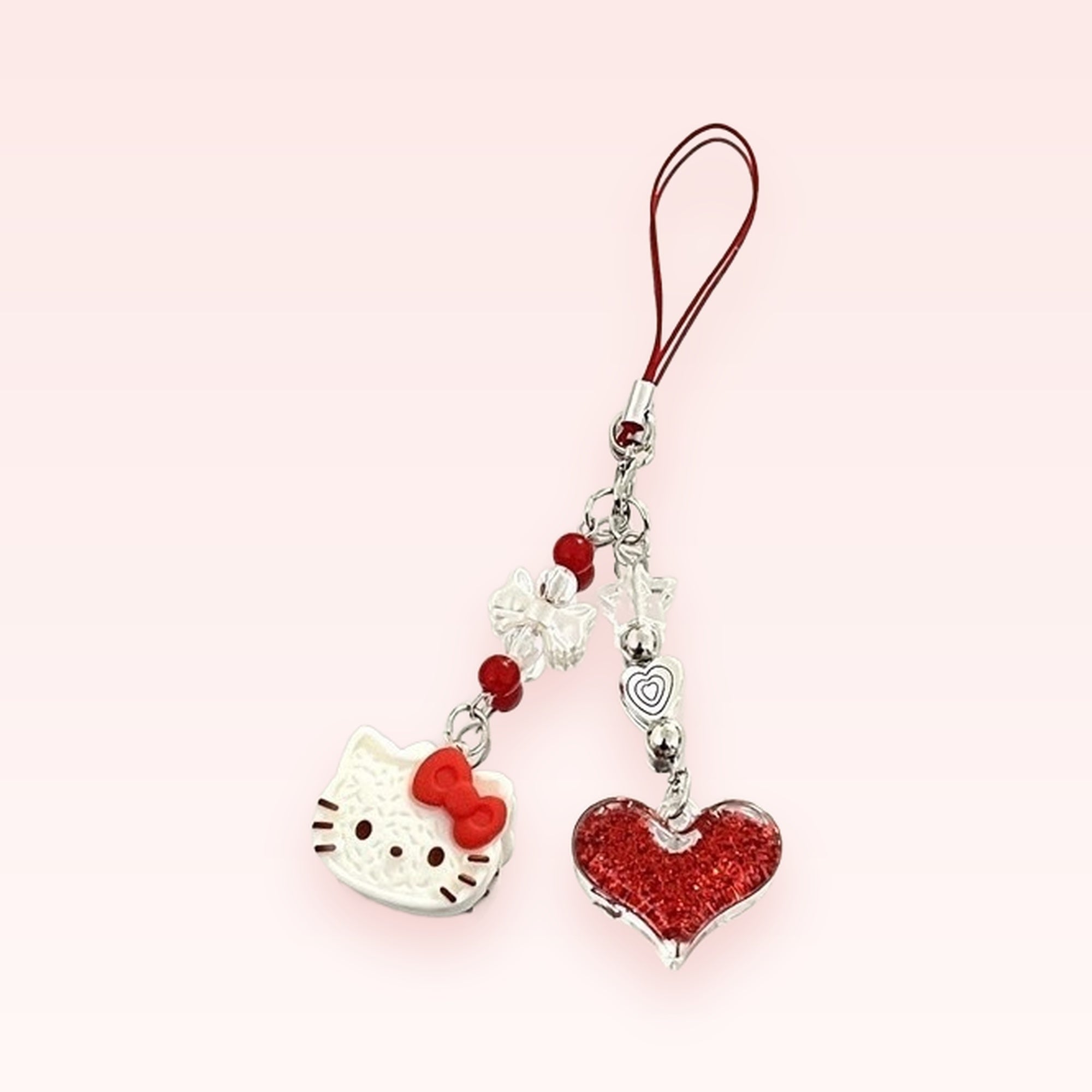 Cute Hello Kitty & Red Glitter Heart Phone Charm | Aesthetic Beaded Wrist Strap
