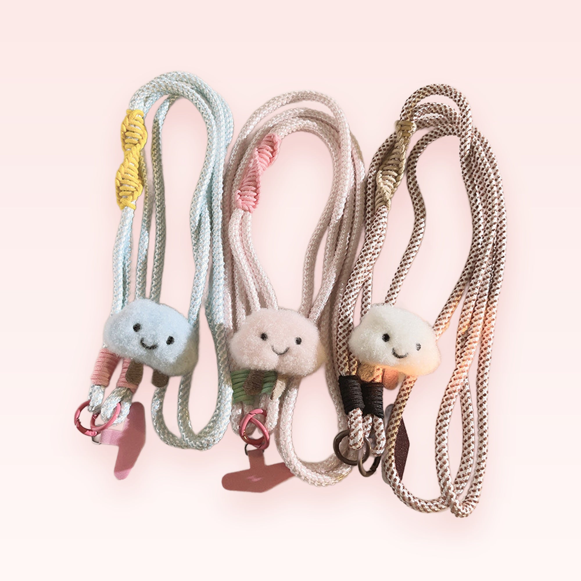 Cute Cloud Plush Phone Lanyard | Pastel Braided Crossbody Strap with Smiley Face