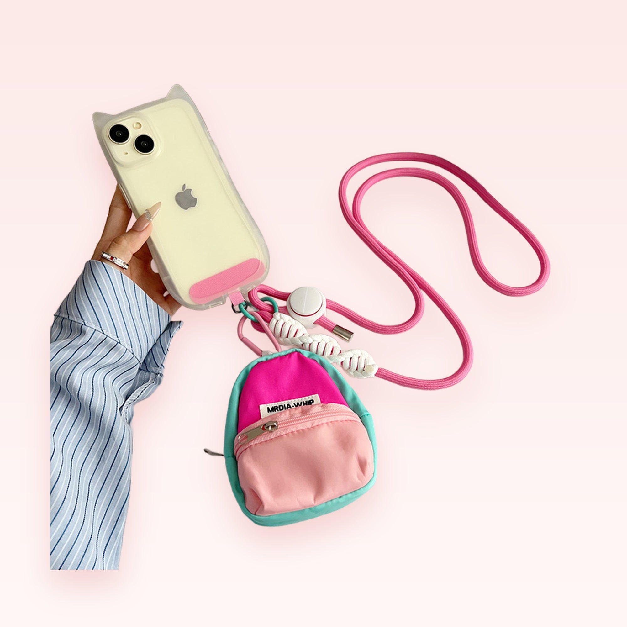 Cute Mini Backpack Phone Charm Lanyard | Pink & Teal Crossbody Phone Strap