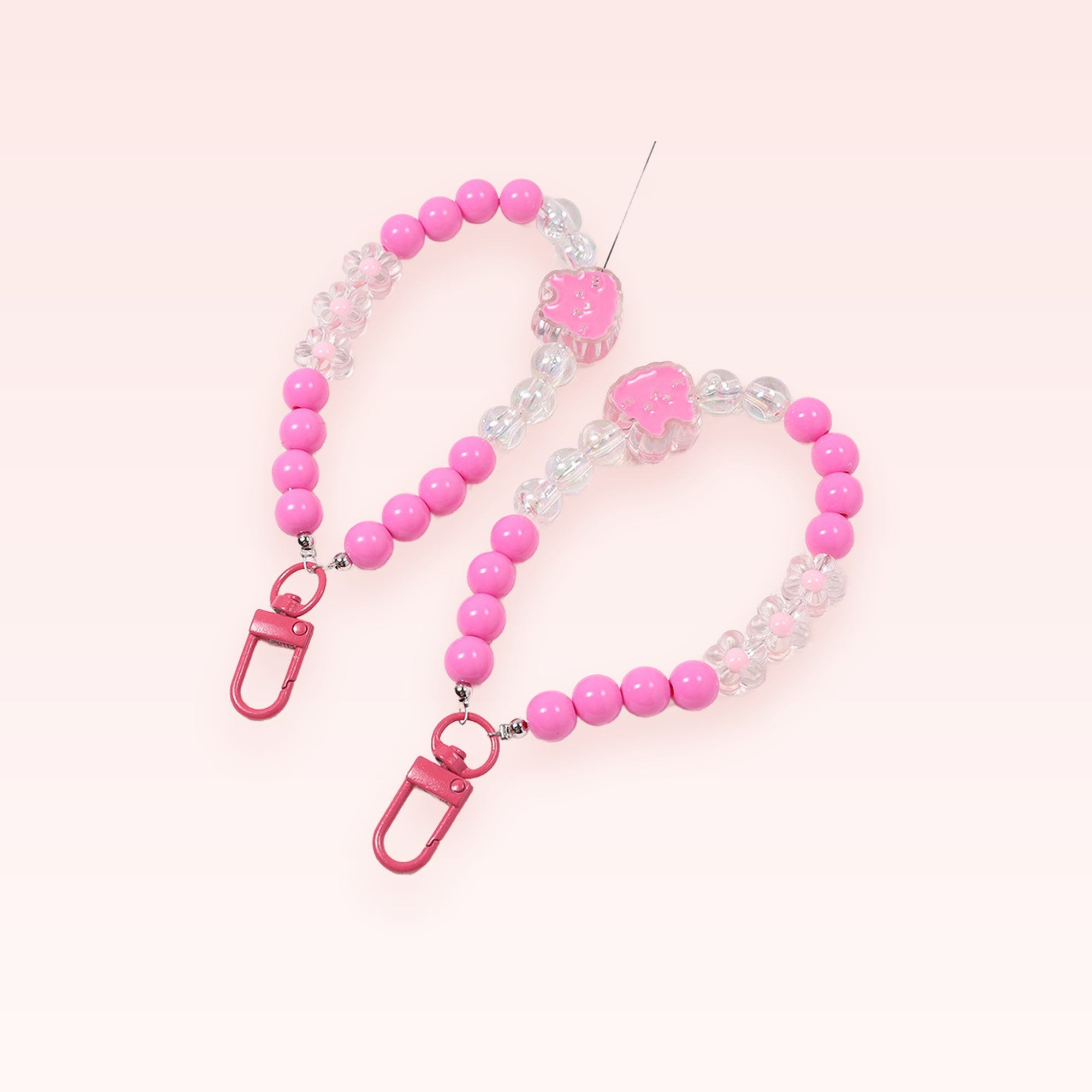 Pink Beaded Phone Charm Strap | Kawaii Wrist Lanyard with Flowers