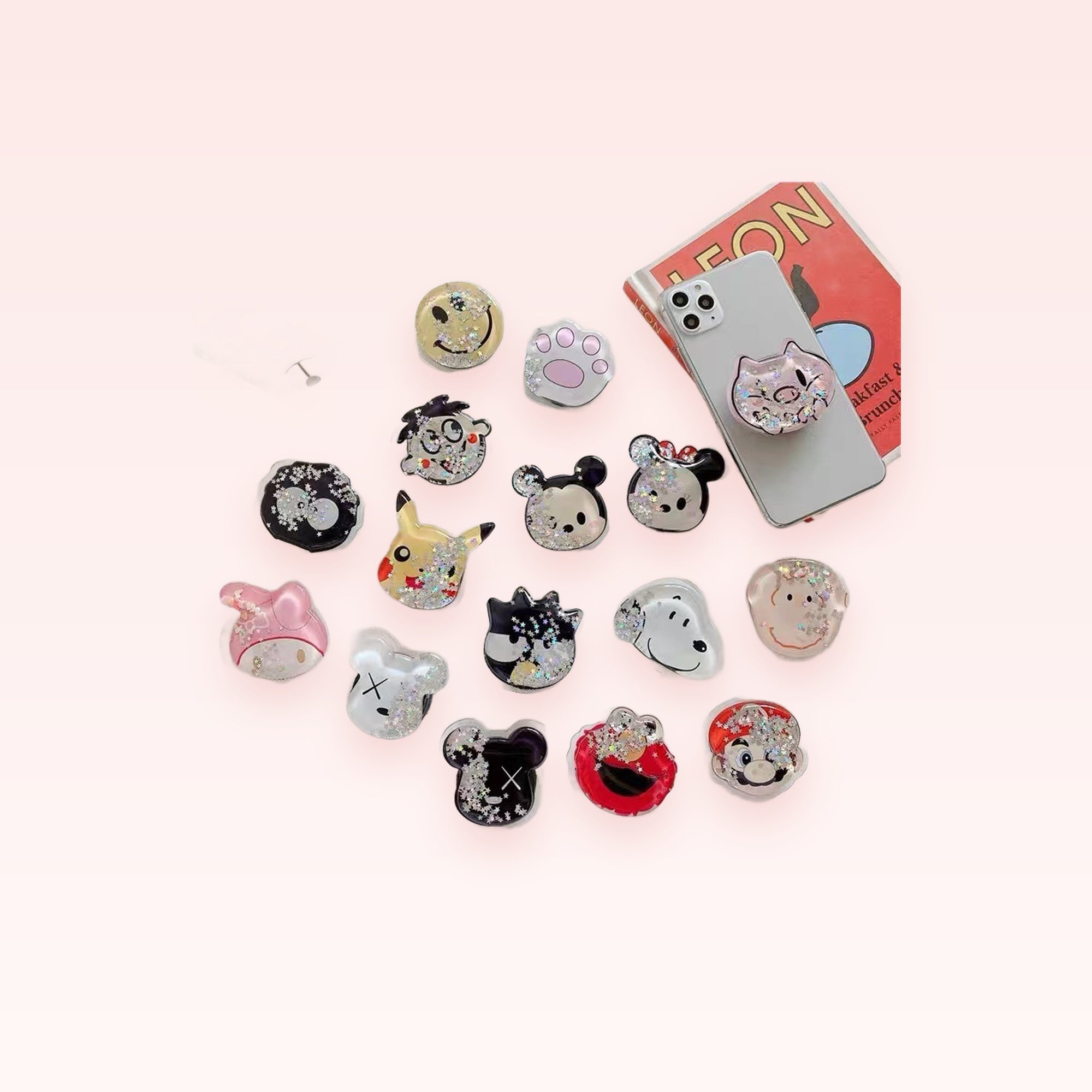 Kawaii Glitter Liquid Phone Grip Stand | Cute Character Pop Socket