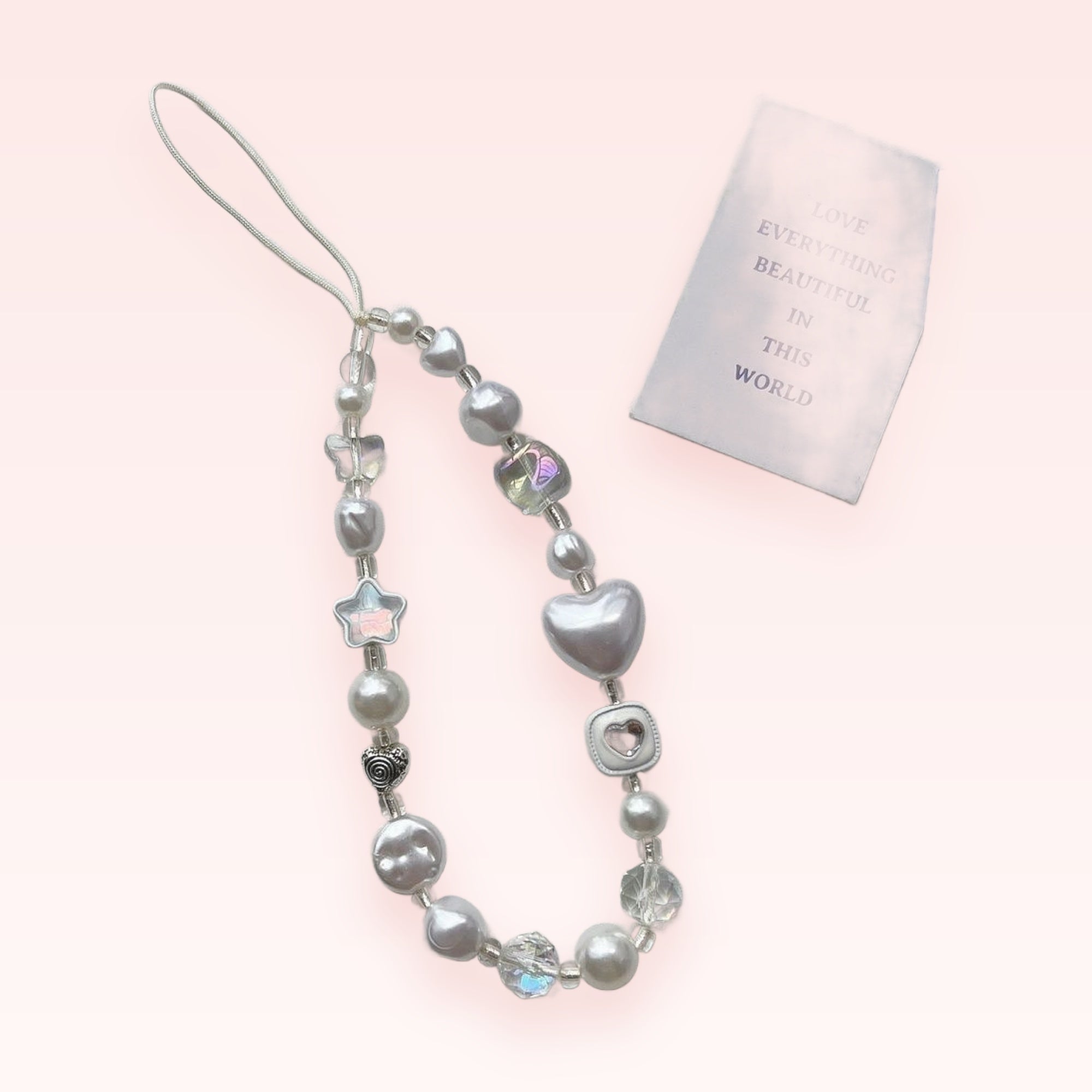 Kawaii Pearl & Clear Bead Phone Charm Strap | Aesthetic Heart Star Wrist Lanyard