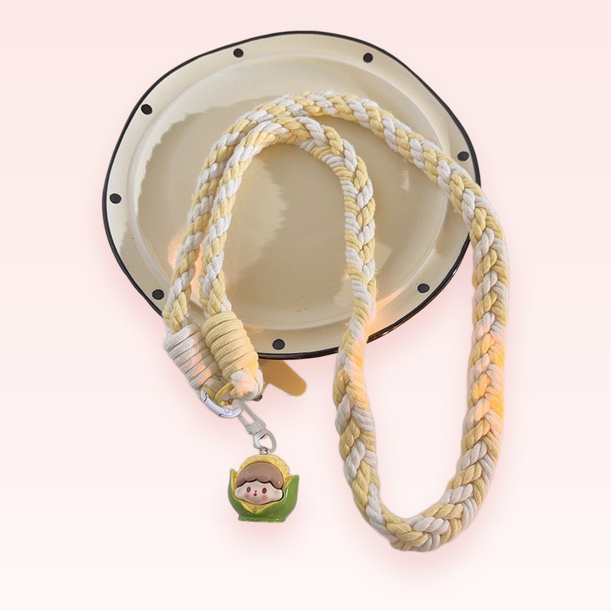 Braided Yellow & White Phone Lanyard | Cute Corn Character Charm