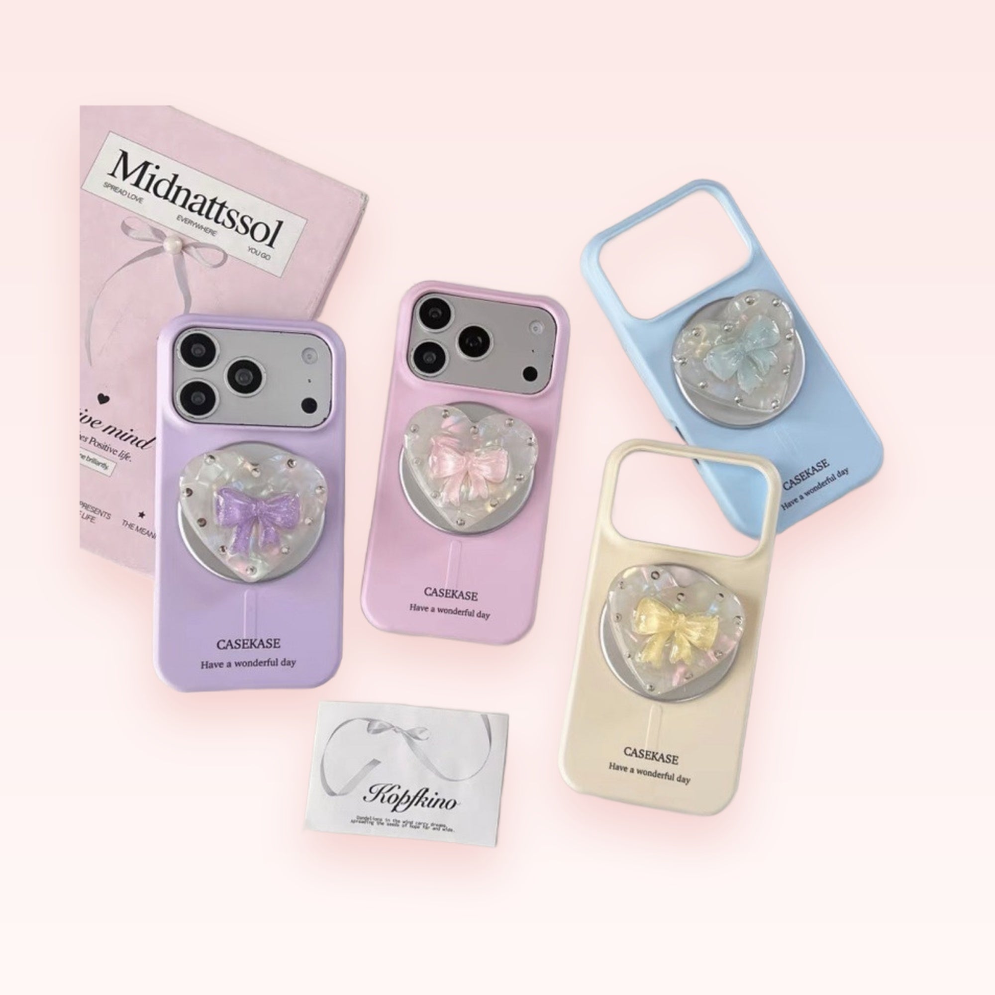 Pastel Heart Bow Phone Grip | Cute Iridescent Pop Socket Stand