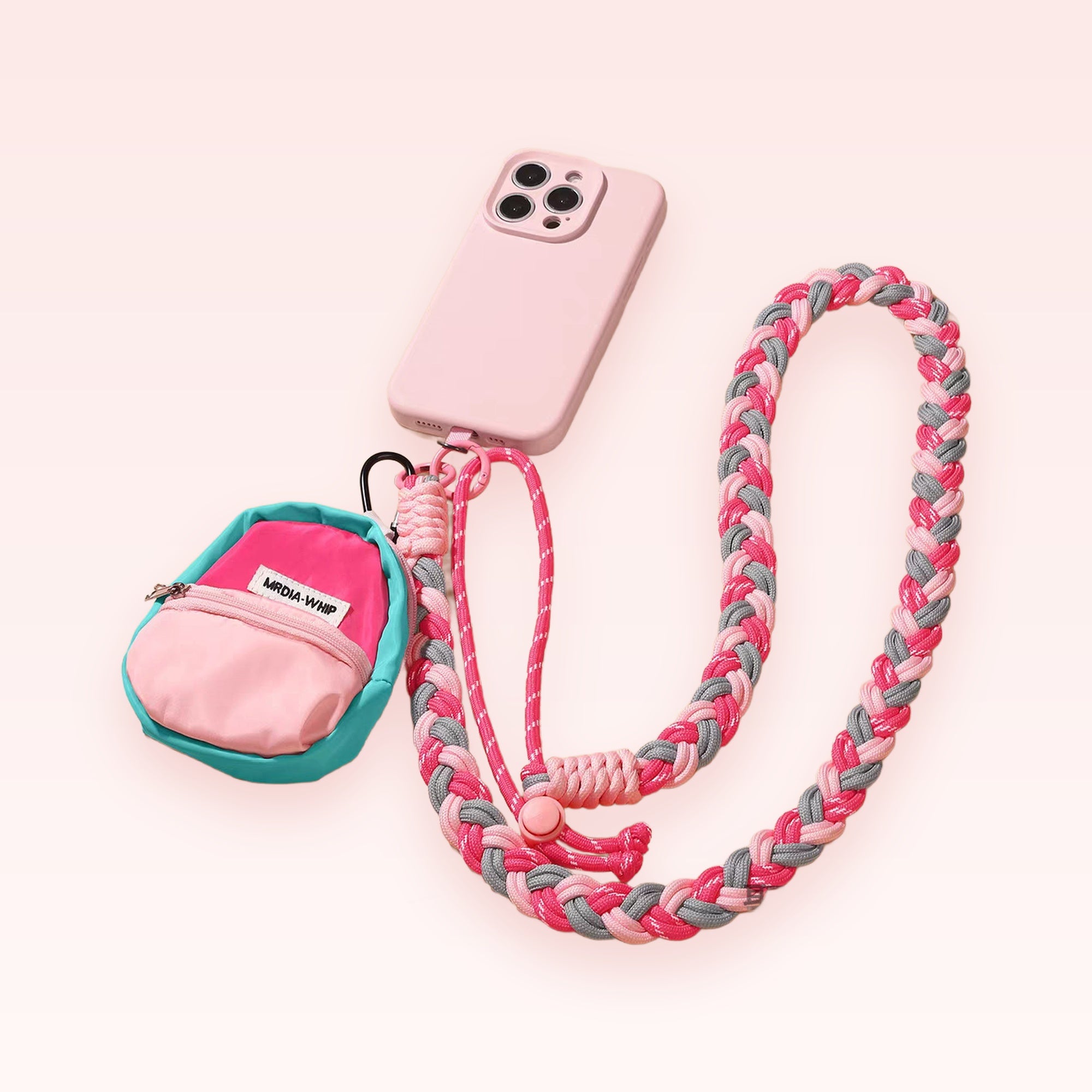 Adjustable Braided Crossbody Phone Lanyard | Pink & Gray Woven Strap with Mini Pouch