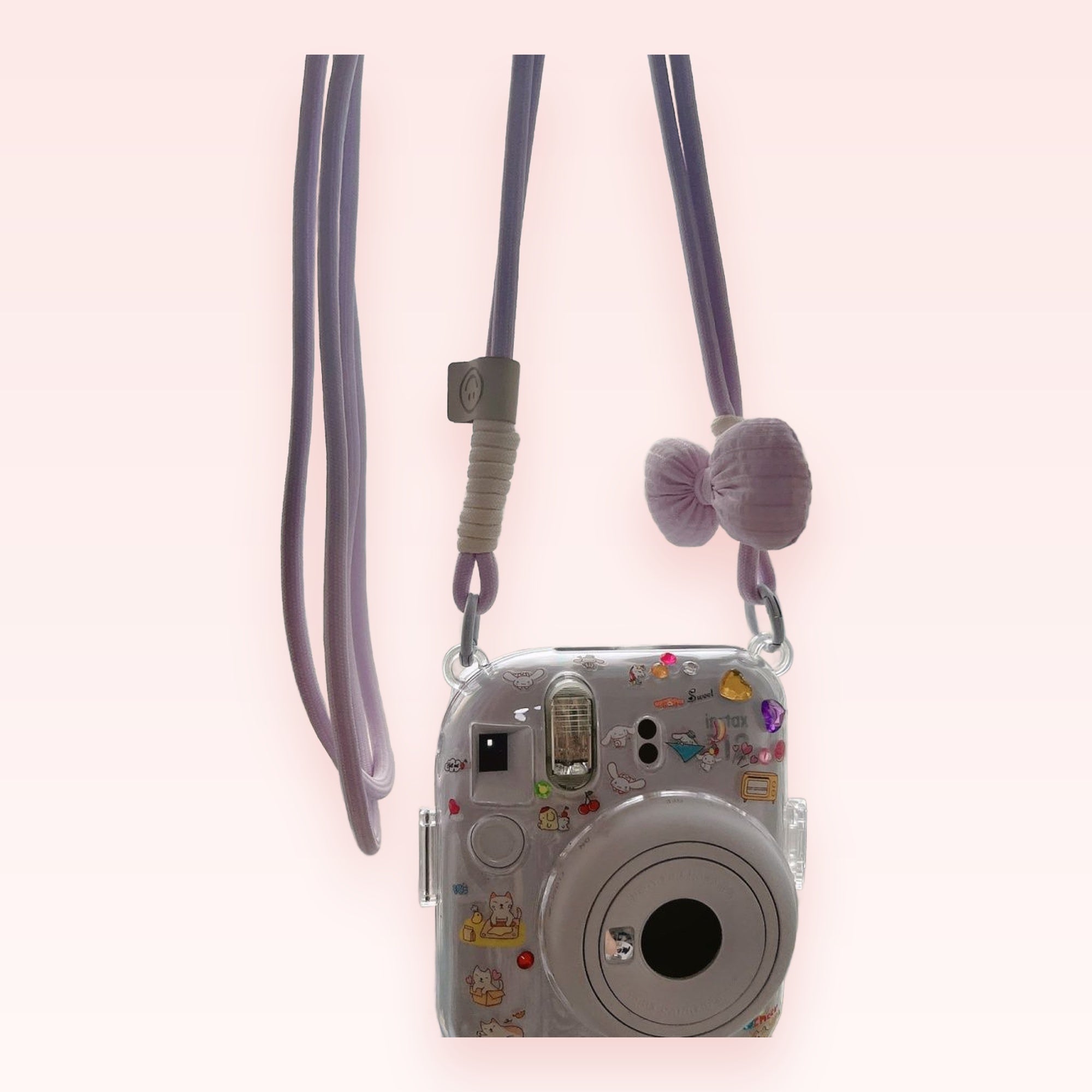 Kawaii Pastel Purple Camera Lanyard | Cute Bow & Sticker Instax Mini Strap