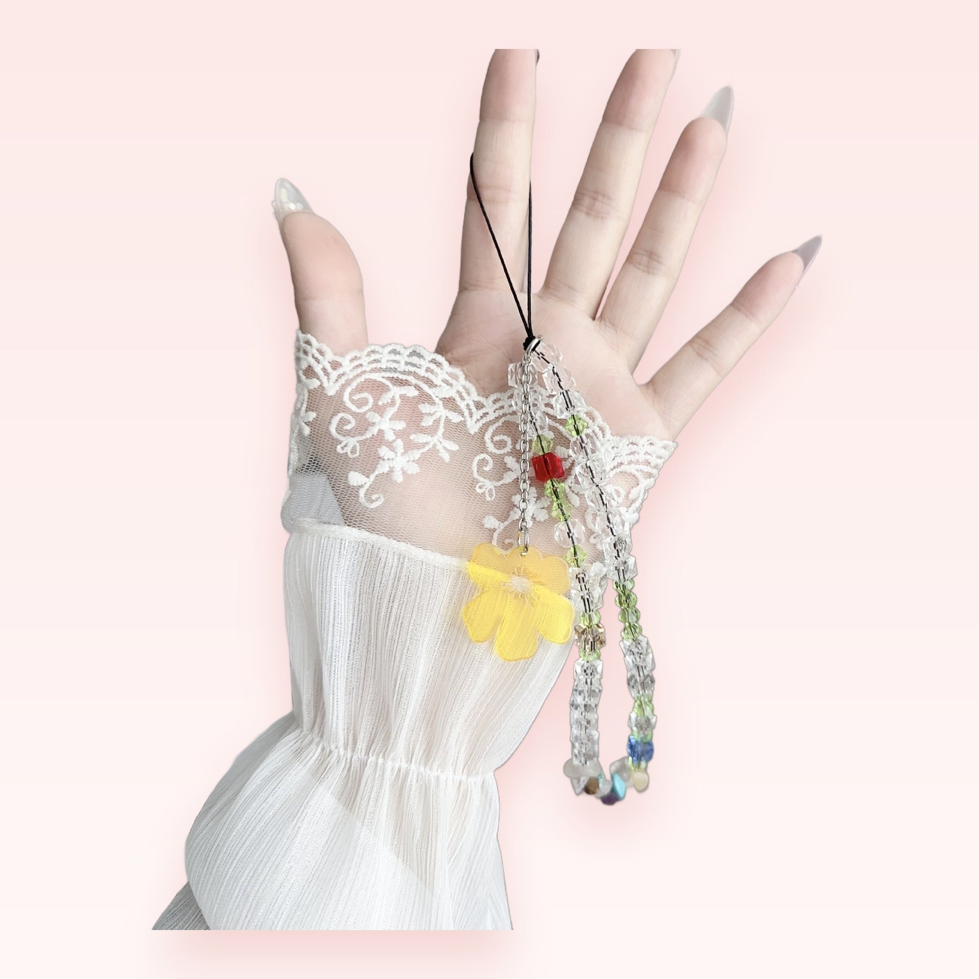 Clear Crystal & Yellow Flower Phone Charm | Aesthetic Beaded Wrist Strap