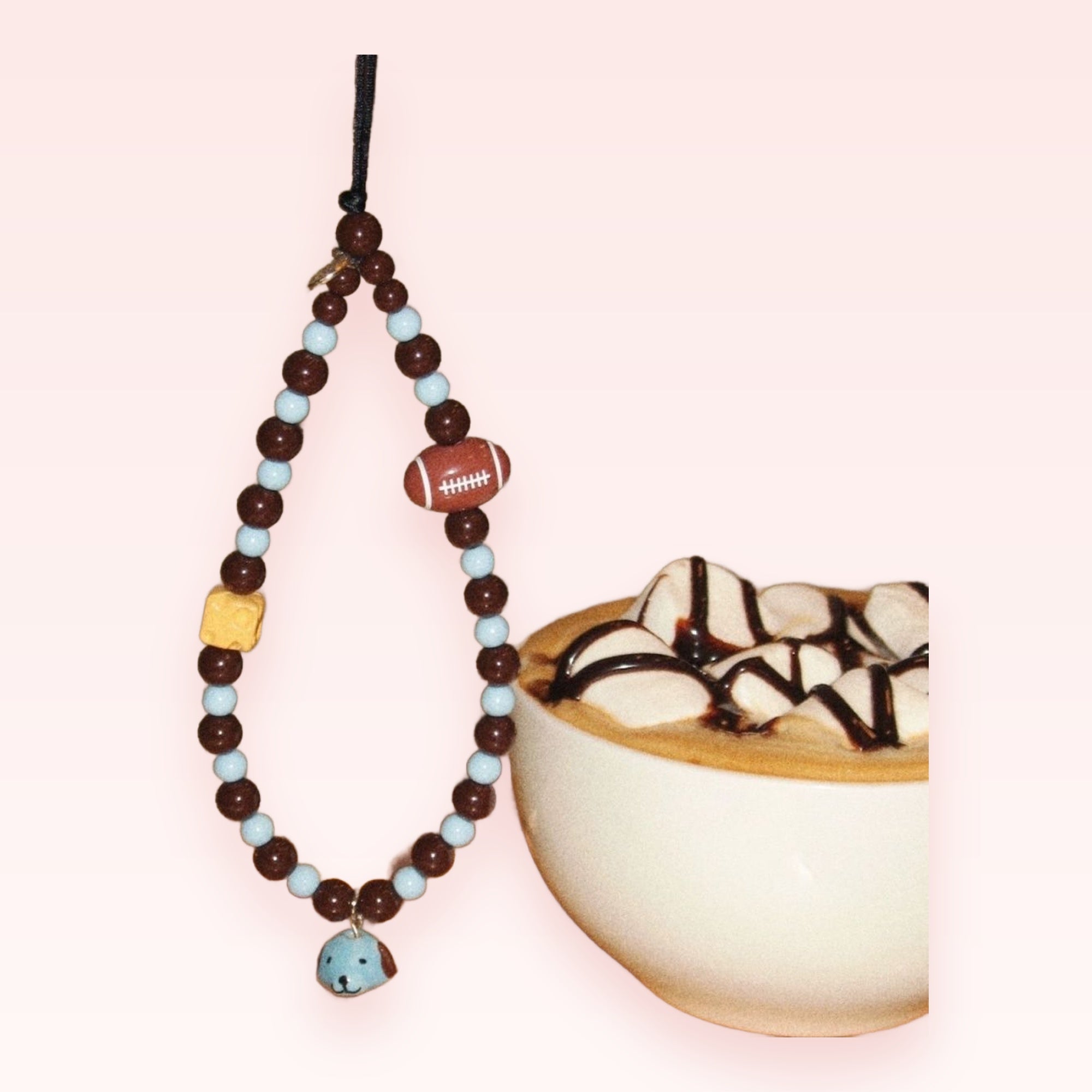 Chocolate & Pastel Blue Beaded Phone Charm | Football & Puppy Dog Wrist Strap
