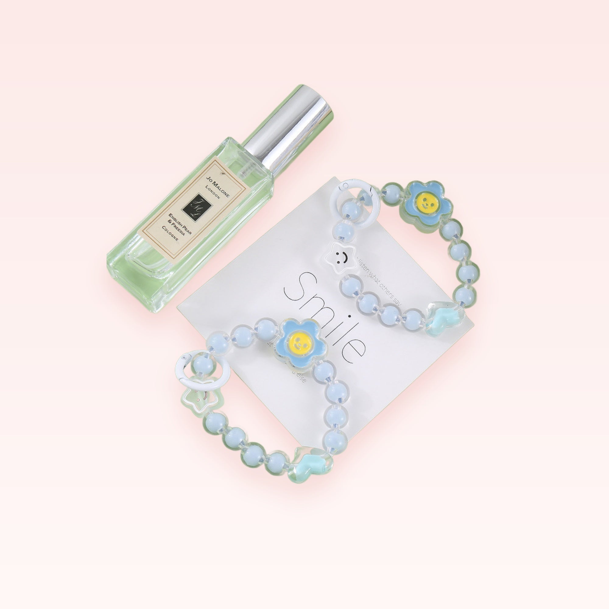 Cute Blue Beaded Phone Charm Strap | Kawaii Flower Wrist Lanyard