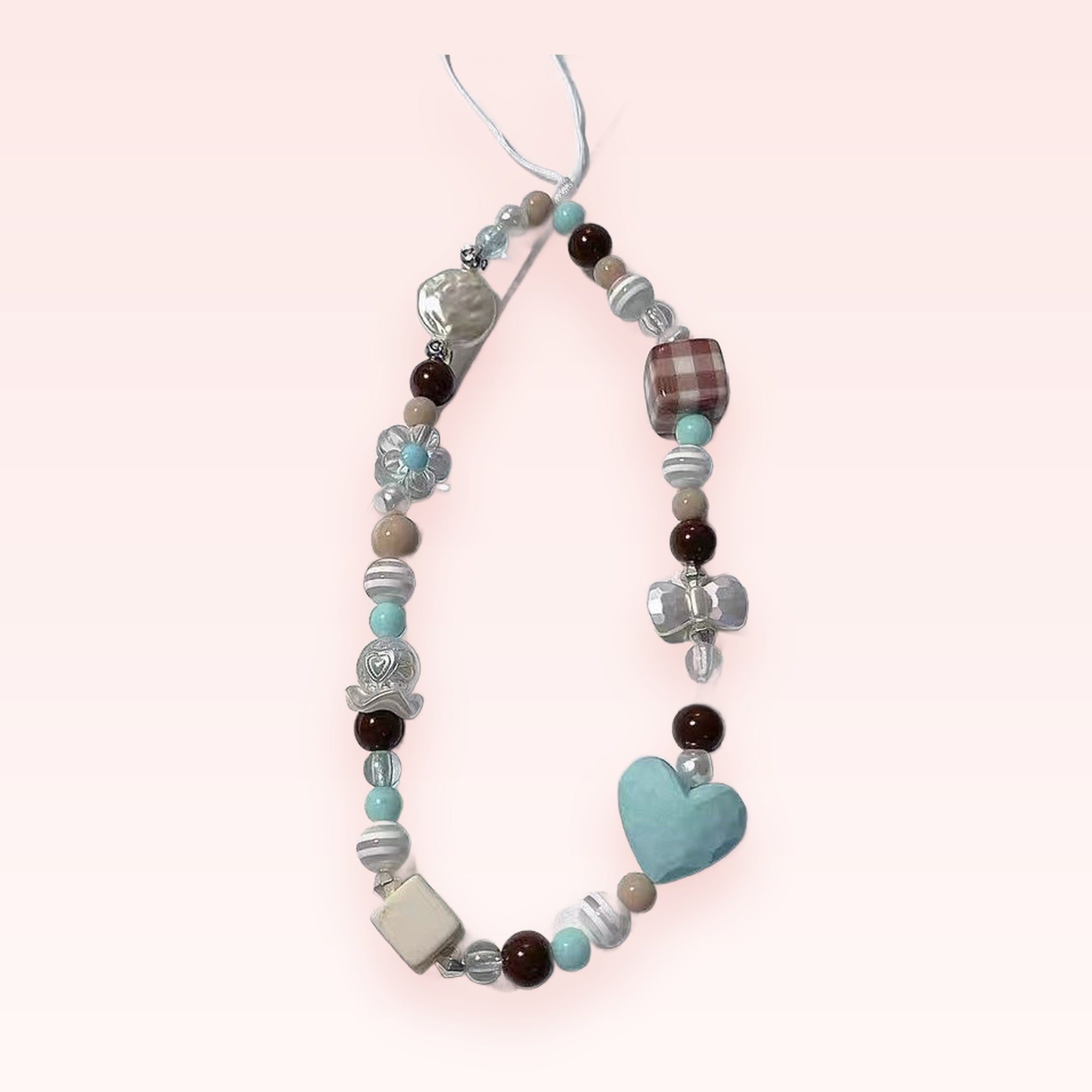 Pastel Beaded Phone Charm Strap | Kawaii Brown & Blue Heart Wrist Lanyard