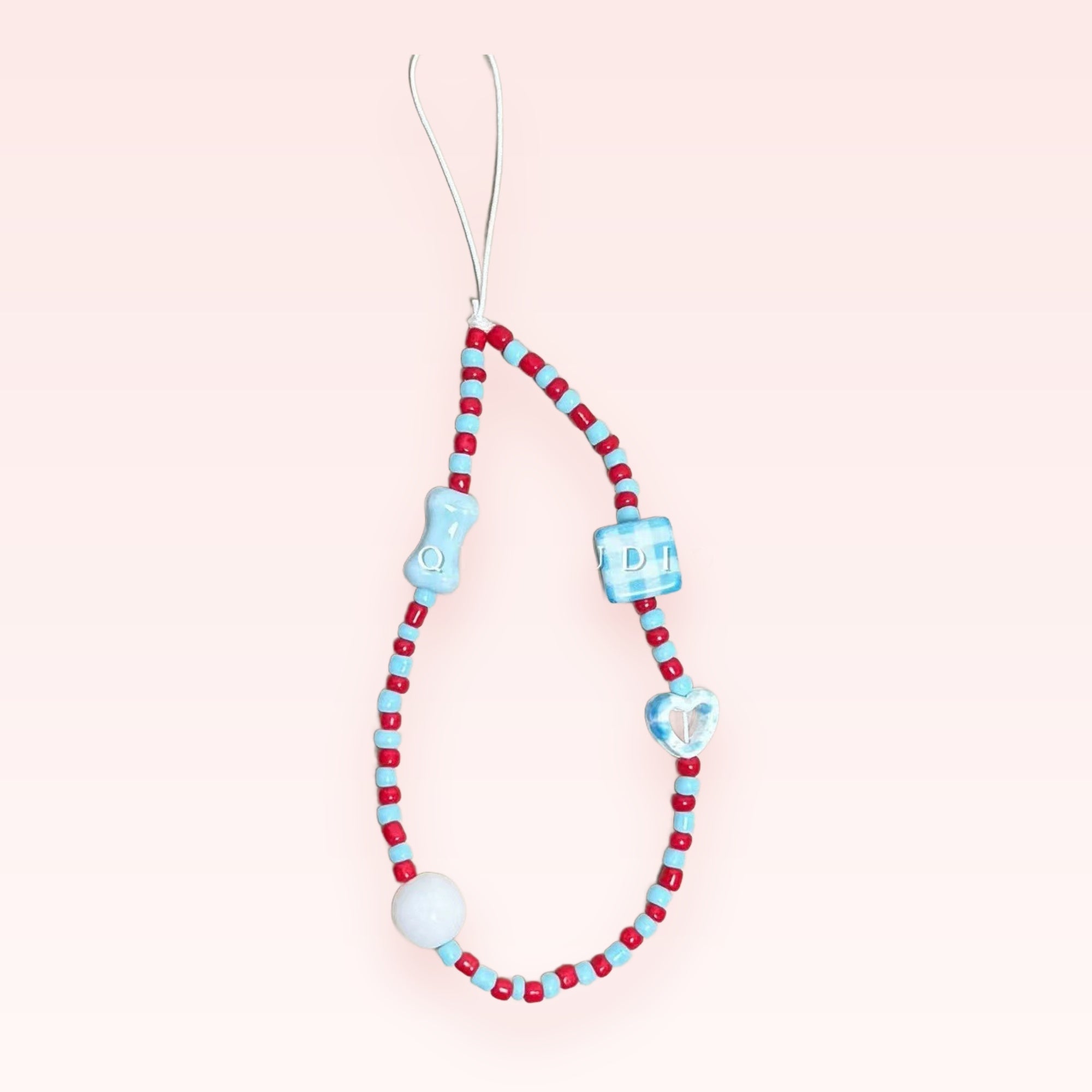 Cute Red & Blue Beaded Phone Charm | Kawaii Heart & Bone Wrist Strap