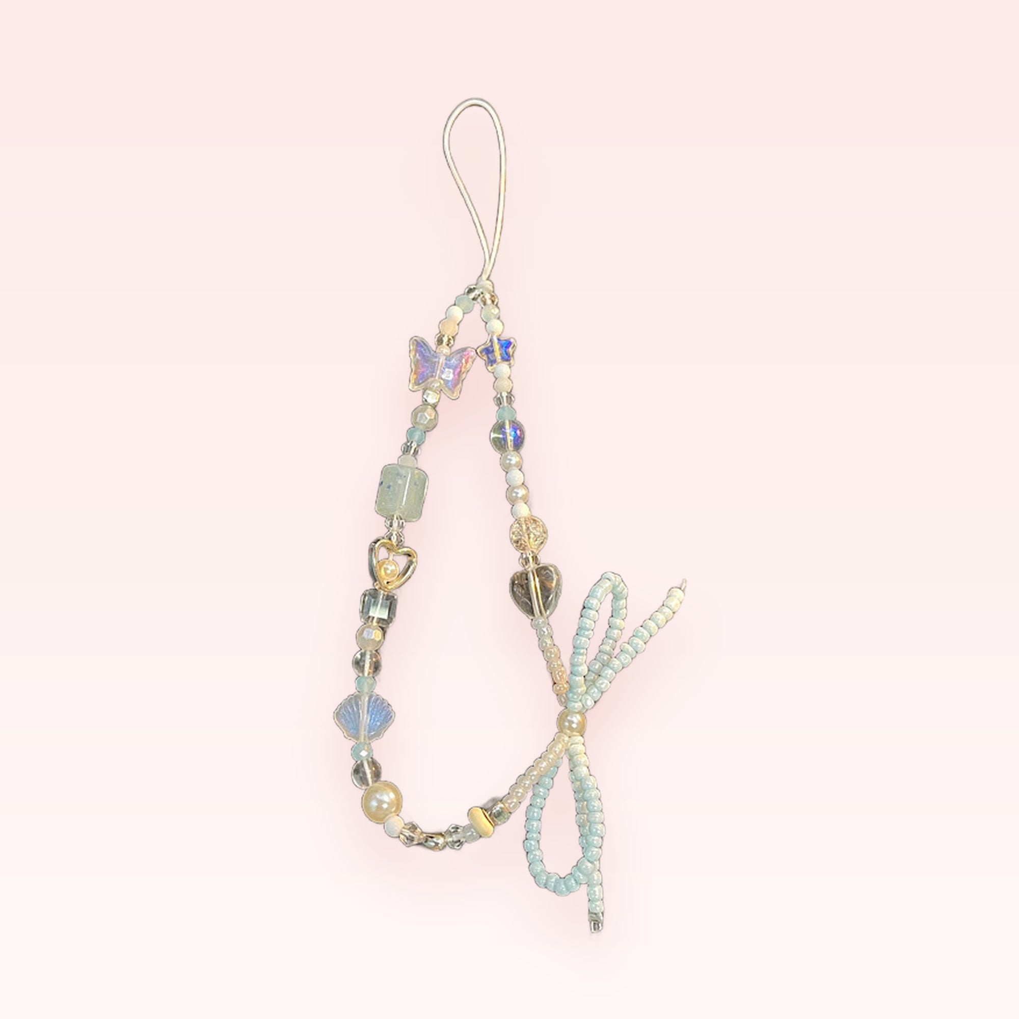 Pastel Butterfly & Heart Beaded Phone Charm | Aesthetic Light Blue Wrist Strap
