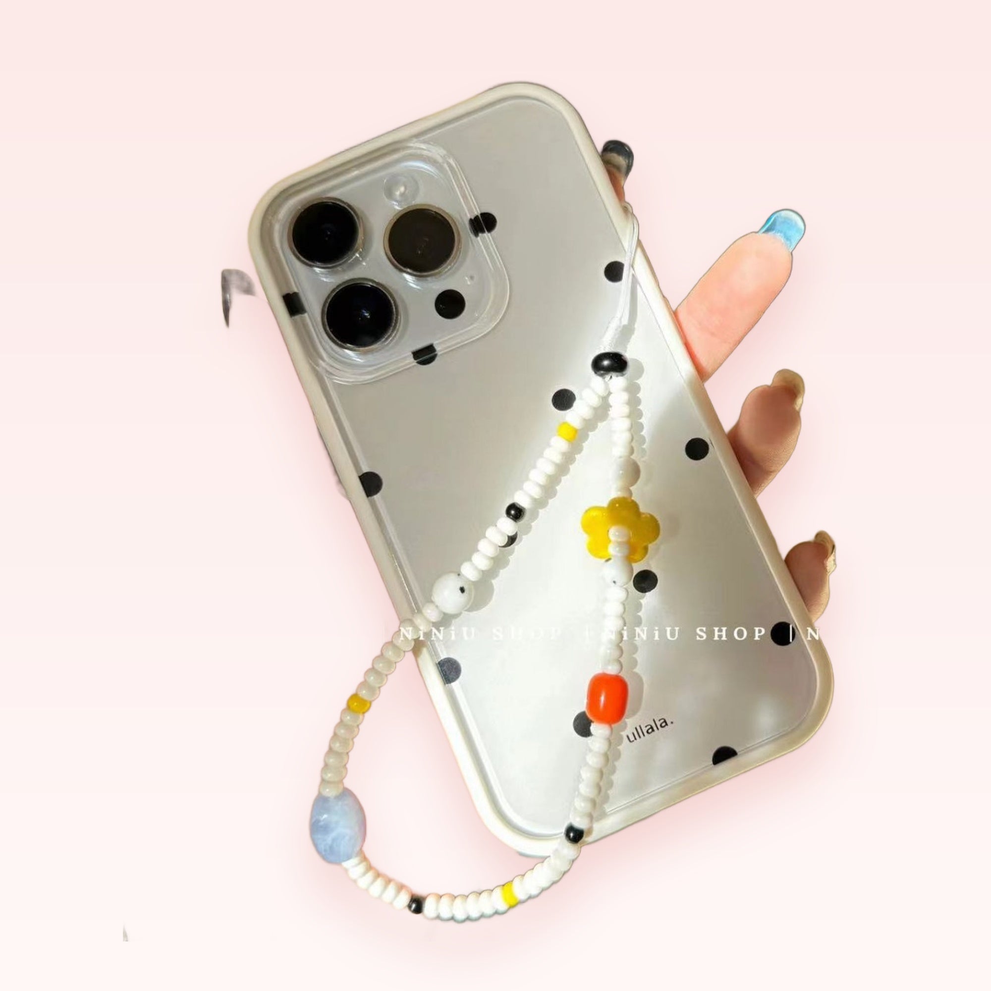 Cute Polka Dot Phone Case with Beaded Phone Charm | Y2K White & Black Beaded Wrist Strap